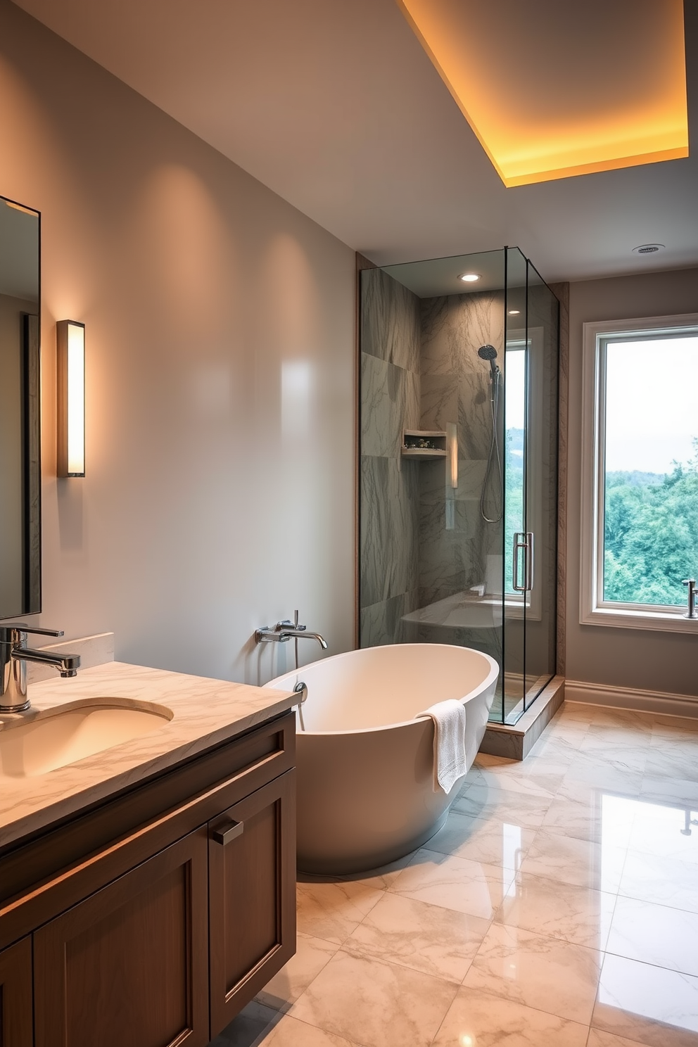 Sleek modern furnishings with clean lines define this luxury guest bathroom. A freestanding soaking tub sits elegantly in the center, surrounded by large windows that flood the space with natural light. The walls are adorned with textured gray tiles, creating a sophisticated backdrop. A double vanity with a polished stone countertop and minimalist fixtures enhances the contemporary feel of the room.