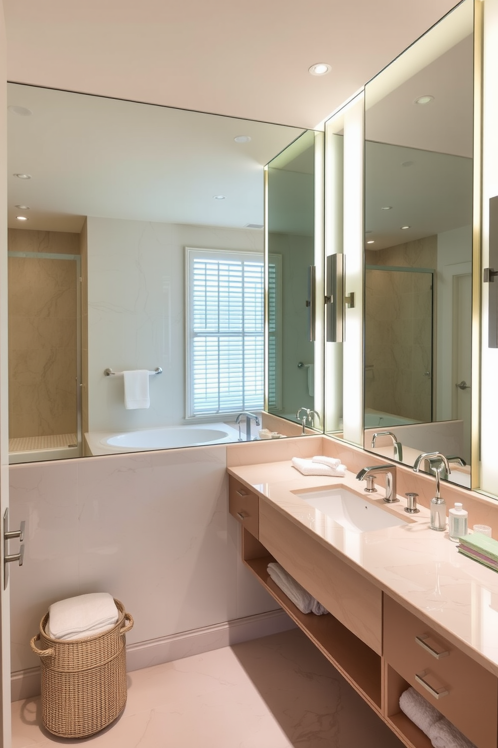 A luxury guest bathroom features large mirrors that reflect light and create an illusion of more space. The design incorporates elegant fixtures and a soothing color palette to provide a welcoming atmosphere for guests.