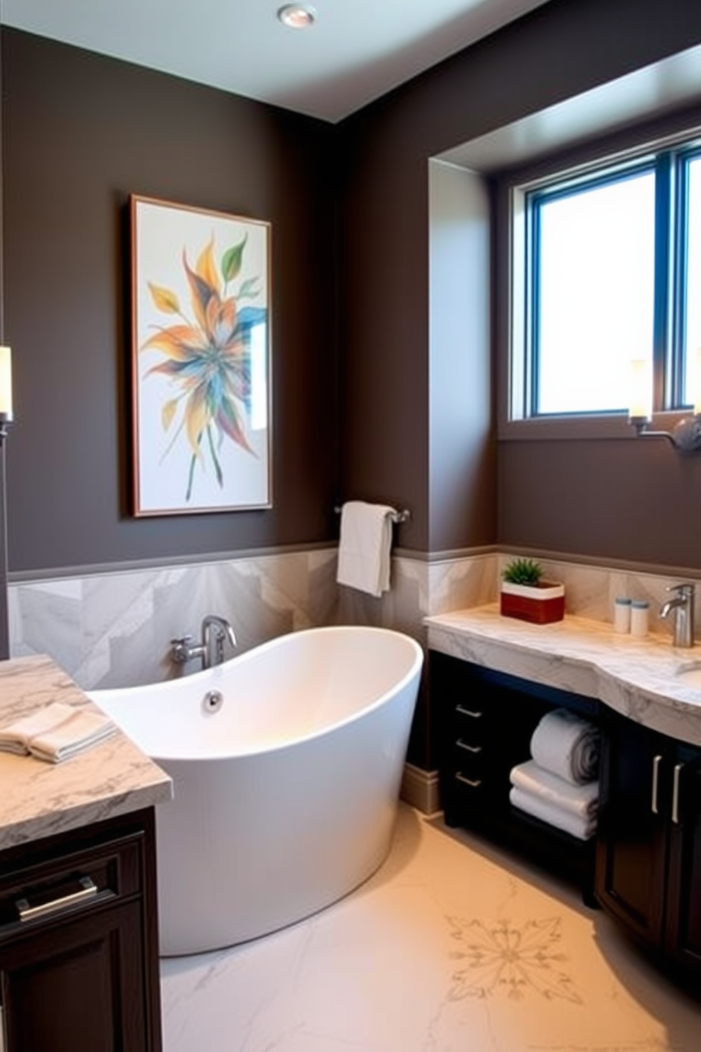 A luxurious guest bathroom featuring an elegant freestanding soaking tub positioned under a large window. The walls are adorned with artistic wall art that adds a pop of color and enhances the overall decor. The space includes a double vanity with sleek fixtures and an intricate backsplash that complements the art. Soft lighting from stylish sconces creates a warm ambiance, perfect for relaxation.