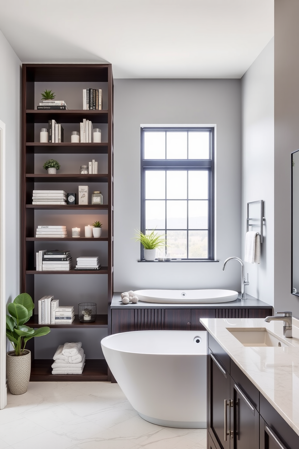 A stylish shelving unit made of dark wood showcases an array of decorative items including books, candles, and potted plants. The shelves are arranged asymmetrically, creating a visually interesting focal point against a soft gray wall. In a luxury guest bathroom, a freestanding soaking tub is positioned beneath a large window, allowing natural light to flood the space. The room features elegant finishes such as polished chrome fixtures and a marble-topped vanity with dual sinks.