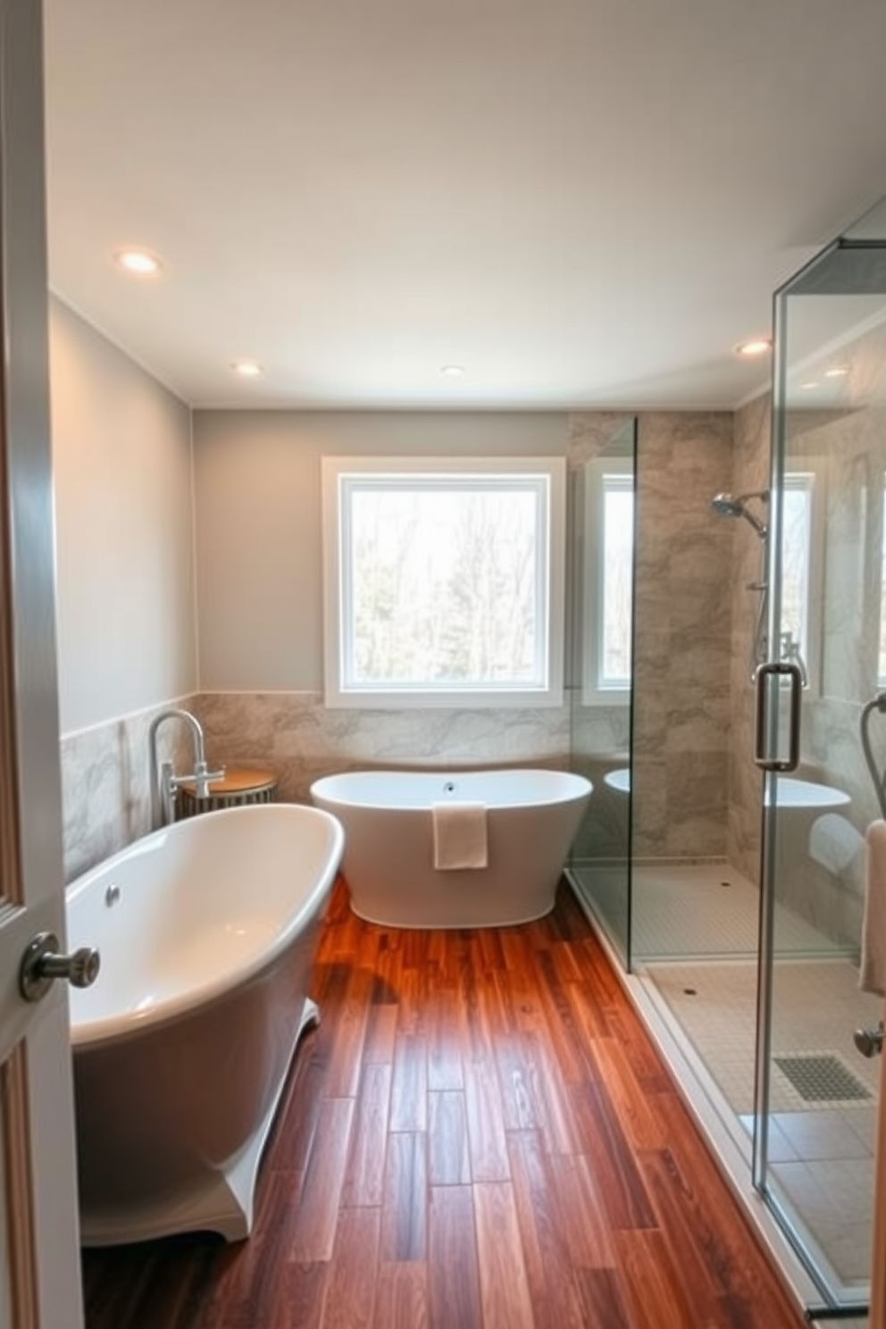 A contemporary bathtub with a unique organic shape sits at the center of a luxurious guest bathroom. The space features elegant marble walls and a sleek glass shower enclosure that complements the bathtub's design. Soft ambient lighting highlights the rich textures of the room, creating a warm and inviting atmosphere. A minimalist wooden vanity with a polished stone countertop adds functionality and style to the overall aesthetic.