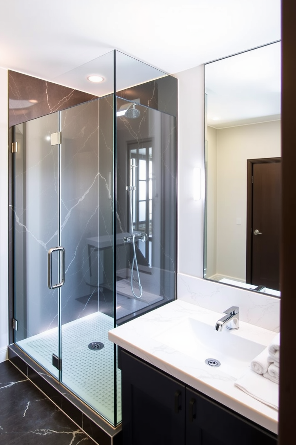 A luxury guest bathroom features elegant toiletries displayed in stylish containers arranged neatly on a marble countertop. The space is adorned with soft lighting, plush towels, and a serene color palette that enhances the sophisticated ambiance.