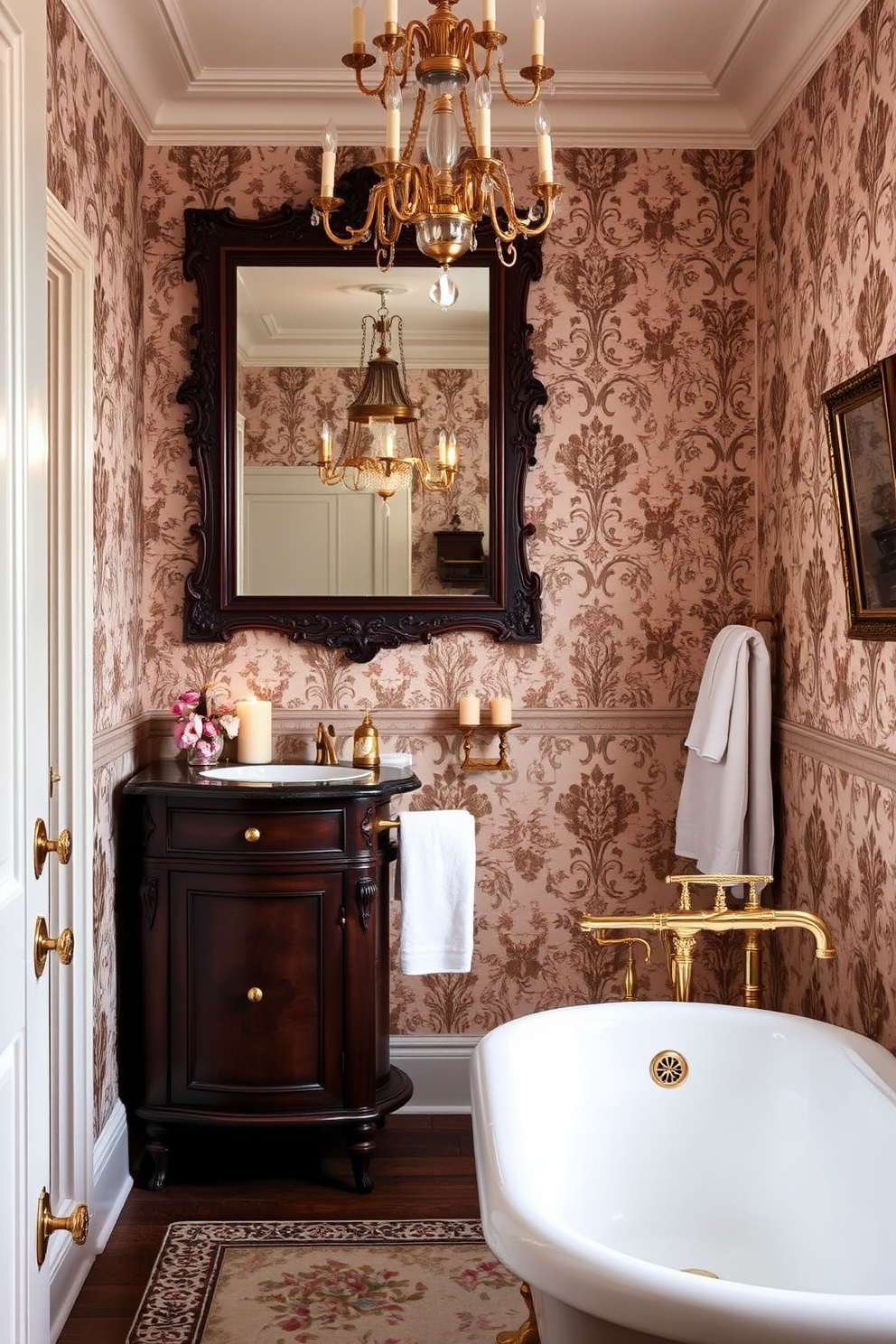 A luxury guest bathroom featuring vintage accents with elegant fixtures. The space includes a freestanding clawfoot tub, surrounded by antique gold accessories and a chandelier overhead. The walls are adorned with intricate wallpaper showcasing floral patterns, complemented by a rich, dark wood vanity. A large, ornate mirror hangs above the sink, reflecting the soft glow of candlelight for a warm ambiance.