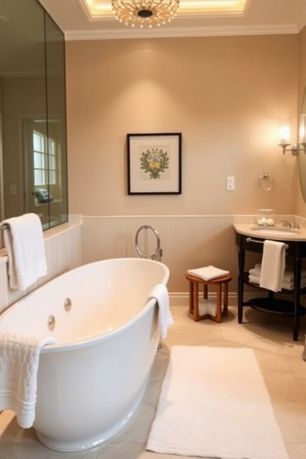 Elegant freestanding soaking tub as the centerpiece of a luxury guest bathroom. The tub is surrounded by soft lighting and plush towels, creating a serene and inviting atmosphere.