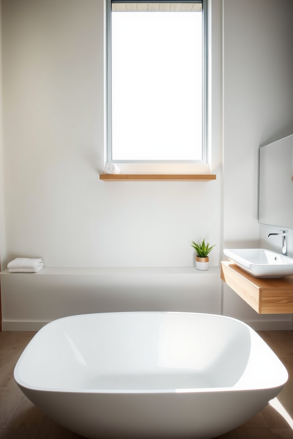 A serene luxury guest bathroom featuring minimalist design elements. The space showcases a sleek freestanding bathtub positioned under a large window, allowing natural light to flood the room. The walls are painted in a soft white hue, complemented by a simple wooden shelf holding neatly rolled towels. A modern floating vanity with a single basin and a large frameless mirror enhances the clean lines of the design.