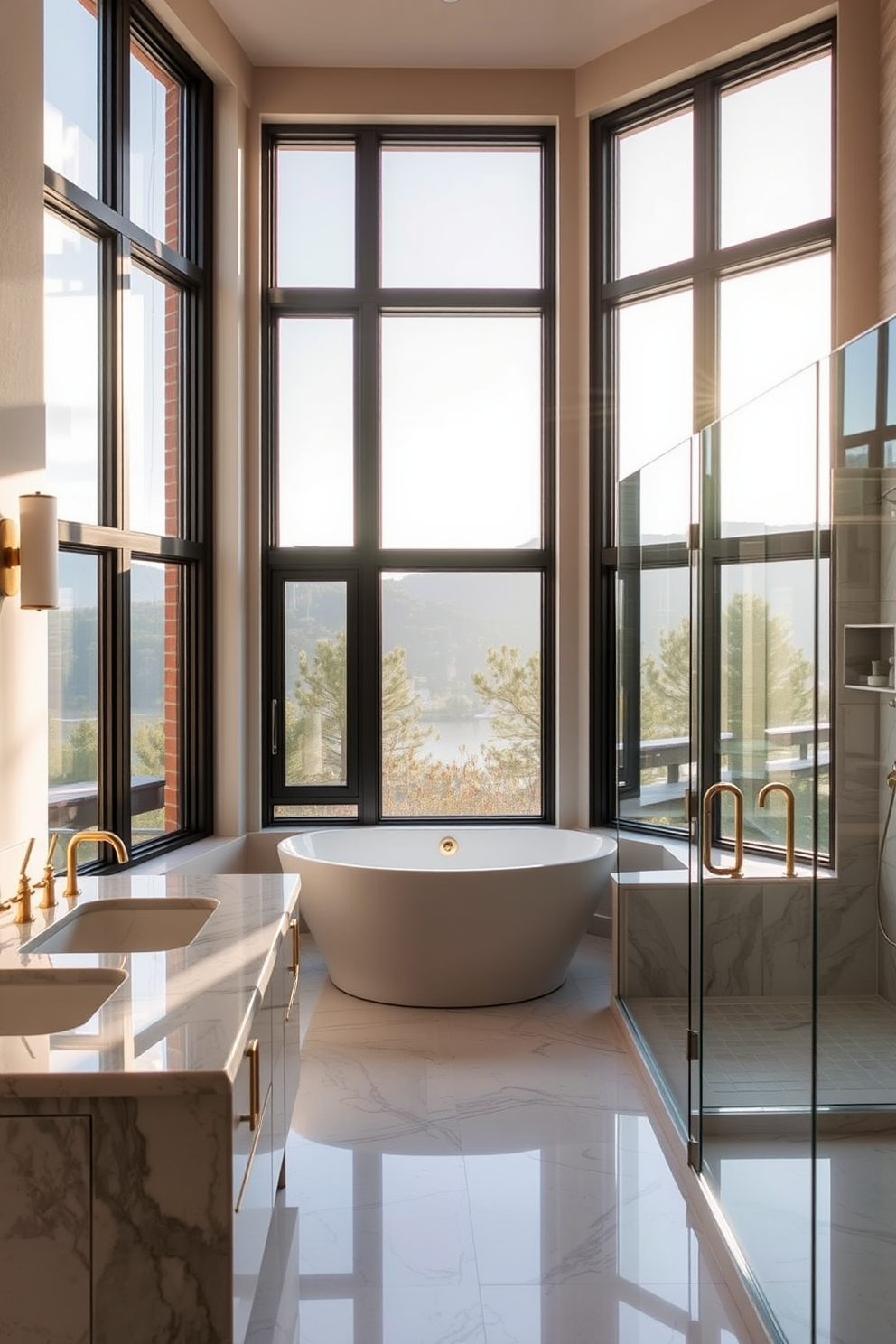 A luxurious guest bathroom featuring large windows that frame stunning outdoor views. The space is adorned with a freestanding soaking tub positioned to take advantage of the natural light streaming in. The walls are finished in a soft, neutral tone, complemented by elegant gold fixtures and marble accents. A spacious walk-in shower with glass doors provides a seamless transition between indoor and outdoor aesthetics.