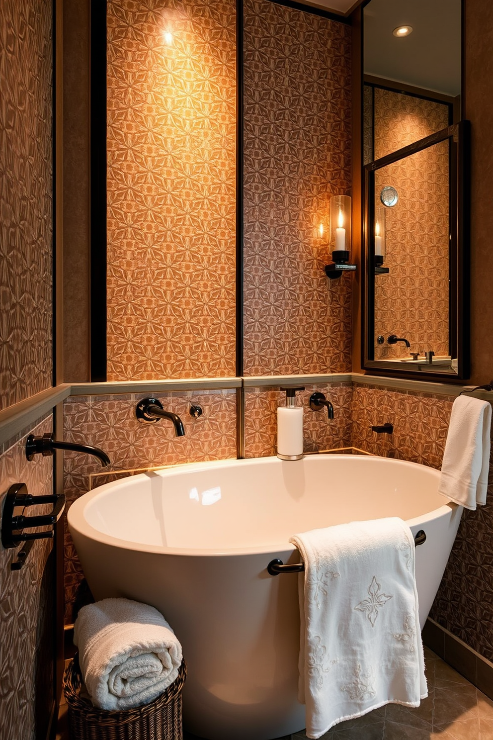 A luxury guest bathroom features custom tile work that showcases intricate geometric patterns in soothing earth tones. The space is accented with elegant fixtures and ambient lighting, creating a warm and inviting atmosphere. The walls are adorned with bespoke tiles that add a touch of artistry to the overall design. Plush towels and stylish accessories complete the look, ensuring a comfortable and sophisticated experience for guests.