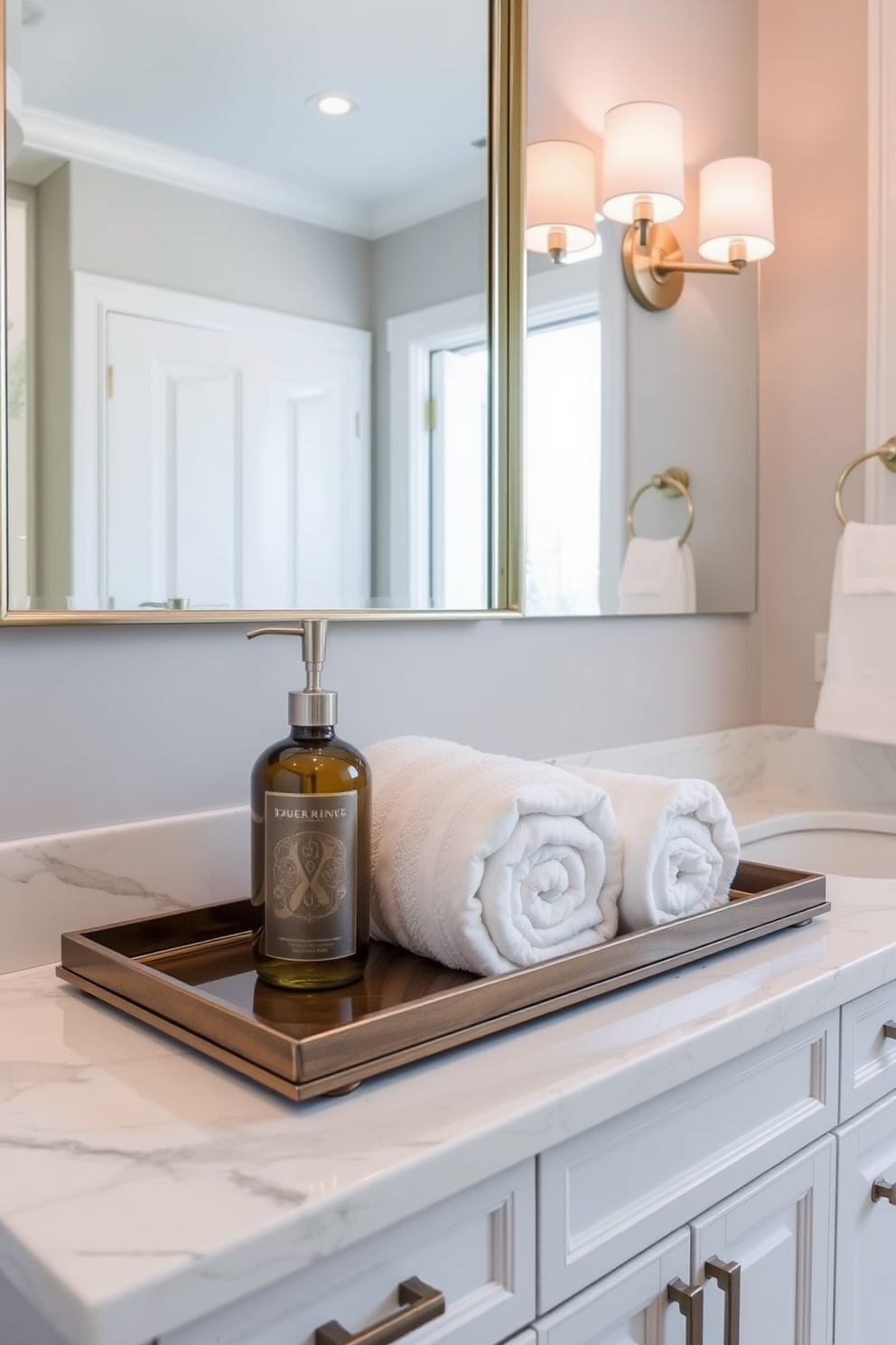 A luxury guest bathroom features smart technology seamlessly integrated into its design. Touchless faucets and a smart mirror with built-in lighting and Bluetooth connectivity enhance both functionality and style. The space showcases a sleek freestanding tub paired with a rainfall showerhead for a spa-like experience. Elegant marble tiles line the walls and floor, complemented by warm wood accents for a sophisticated touch.