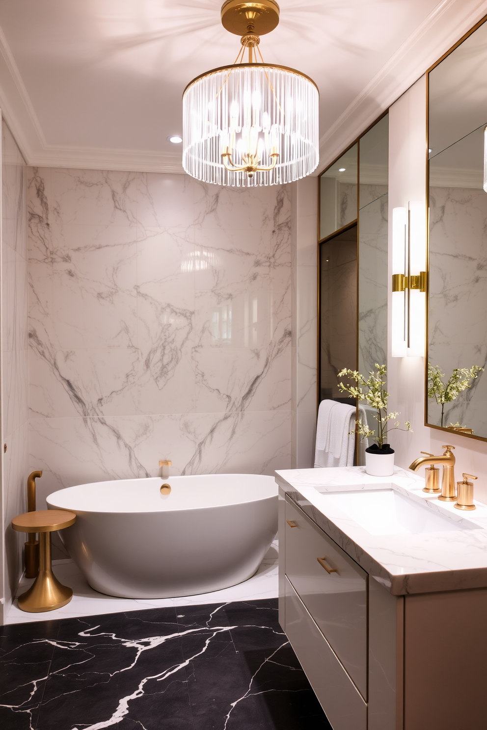 A luxury guest bathroom featuring built-in diffusers that emit subtle fragrances throughout the space. The design includes a freestanding soaking tub surrounded by elegant marble tiles and a chic chandelier overhead. The vanity showcases a sleek design with a quartz countertop and stylish brass fixtures. Soft, ambient lighting enhances the tranquil atmosphere, while plush towels and delicate greenery complete the inviting look.