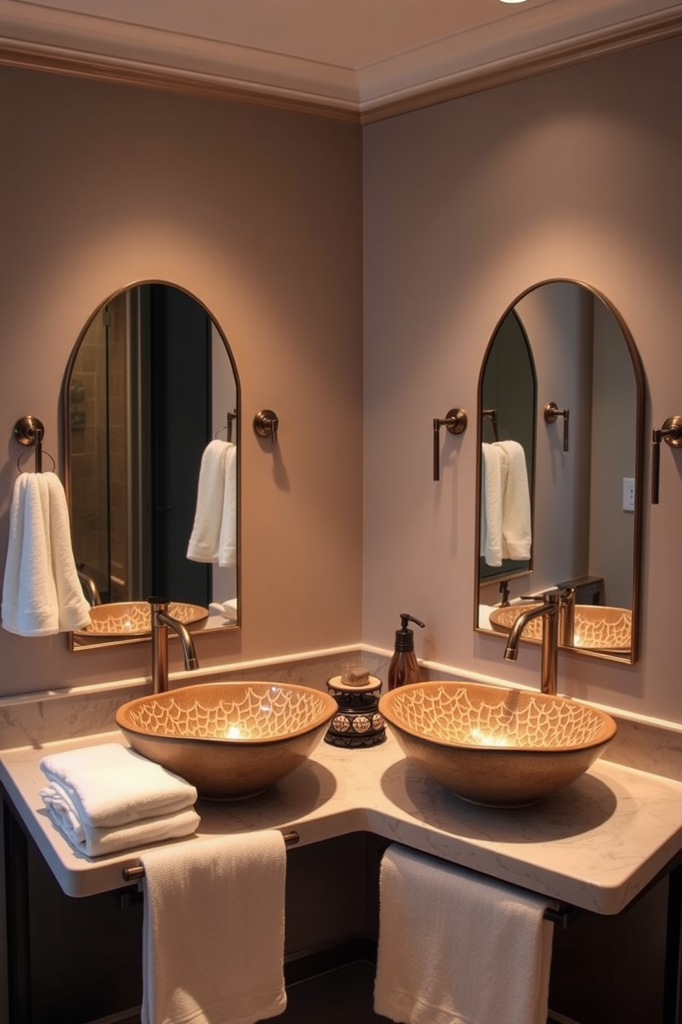 A luxury guest bathroom featuring unique vessel sinks that serve as artistic focal points. The space is adorned with elegant fixtures and a harmonious color palette that enhances the overall ambiance. Soft lighting highlights the intricate details of the vessel sinks, creating a warm and inviting atmosphere. Plush towels and tasteful decor complete the look, ensuring a memorable experience for guests.