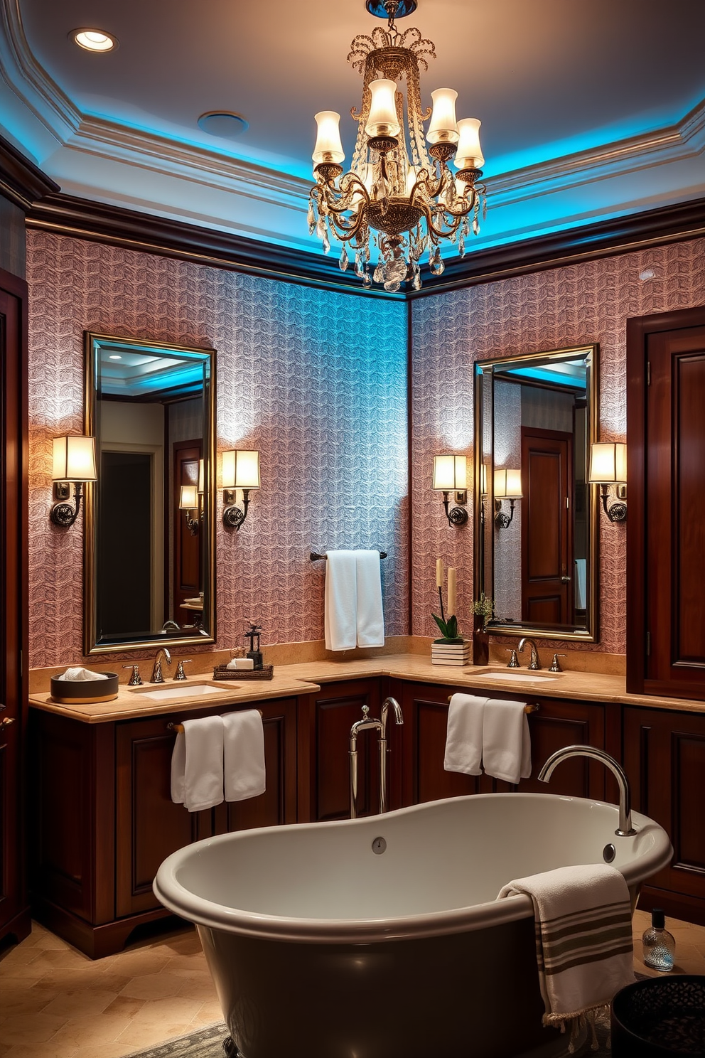 A luxury guest bathroom features elegant accent lighting that highlights the architectural details. Softly glowing sconces frame the mirrors, while a stylish chandelier adds a touch of sophistication to the space. The walls are adorned with textured wallpaper in a calming palette, complemented by rich wooden cabinetry. A freestanding soaking tub invites relaxation, surrounded by plush towels and tasteful decor.