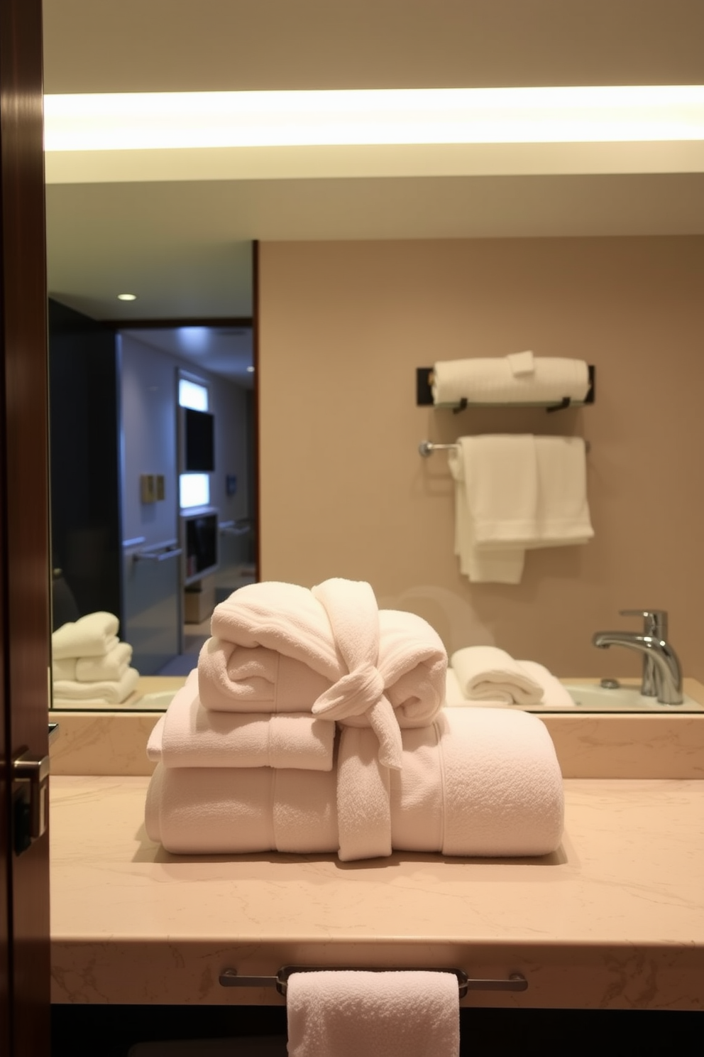 A luxury guest bathroom featuring plush towels and elegant bathrobes neatly arranged for guests. The space is adorned with soft lighting and calming colors, creating a serene and inviting atmosphere.