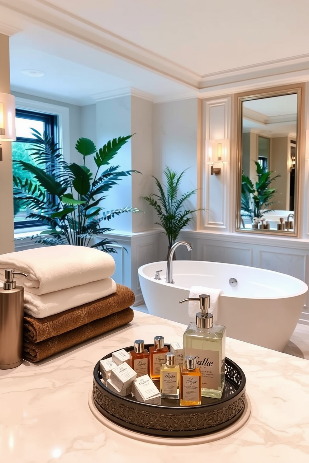 A luxury guest bathroom featuring personalized touches with monogrammed towels. The space is adorned with elegant fixtures and a soothing color palette that creates a welcoming atmosphere.