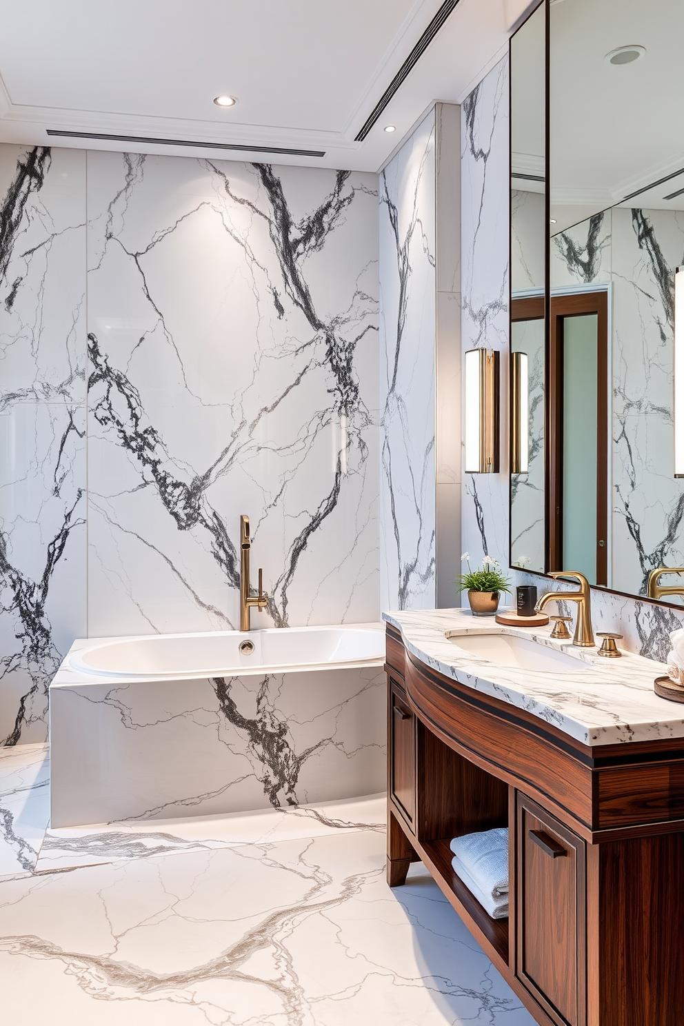 A luxury guest bathroom featuring elegant marble accents throughout the space. The walls are adorned with large marble tiles, complemented by a freestanding soaking tub with a marble surround. The vanity is crafted from rich wood with a polished marble countertop, showcasing stylish fixtures. Soft lighting highlights the intricate details of the marble, creating a warm and inviting atmosphere.