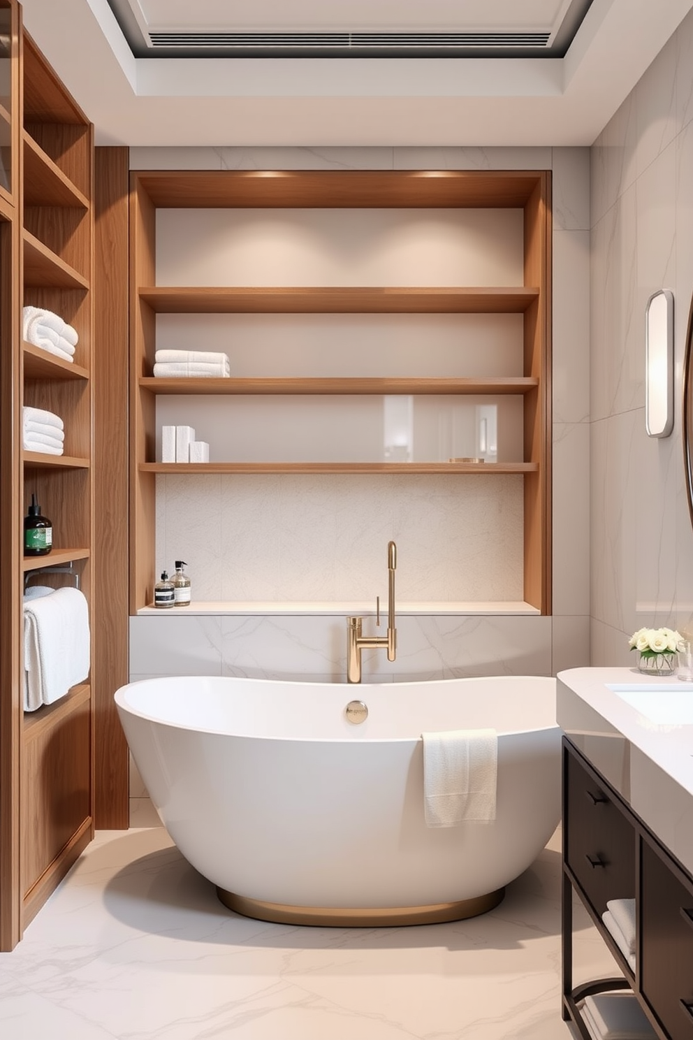 Innovative storage solutions for small spaces. A sleek built-in shelving unit maximizes vertical space while maintaining a clean aesthetic. Luxury Guest Bathroom Design Ideas. A freestanding soaking tub becomes the centerpiece, surrounded by elegant marble tiles and plush towels for a spa-like experience.