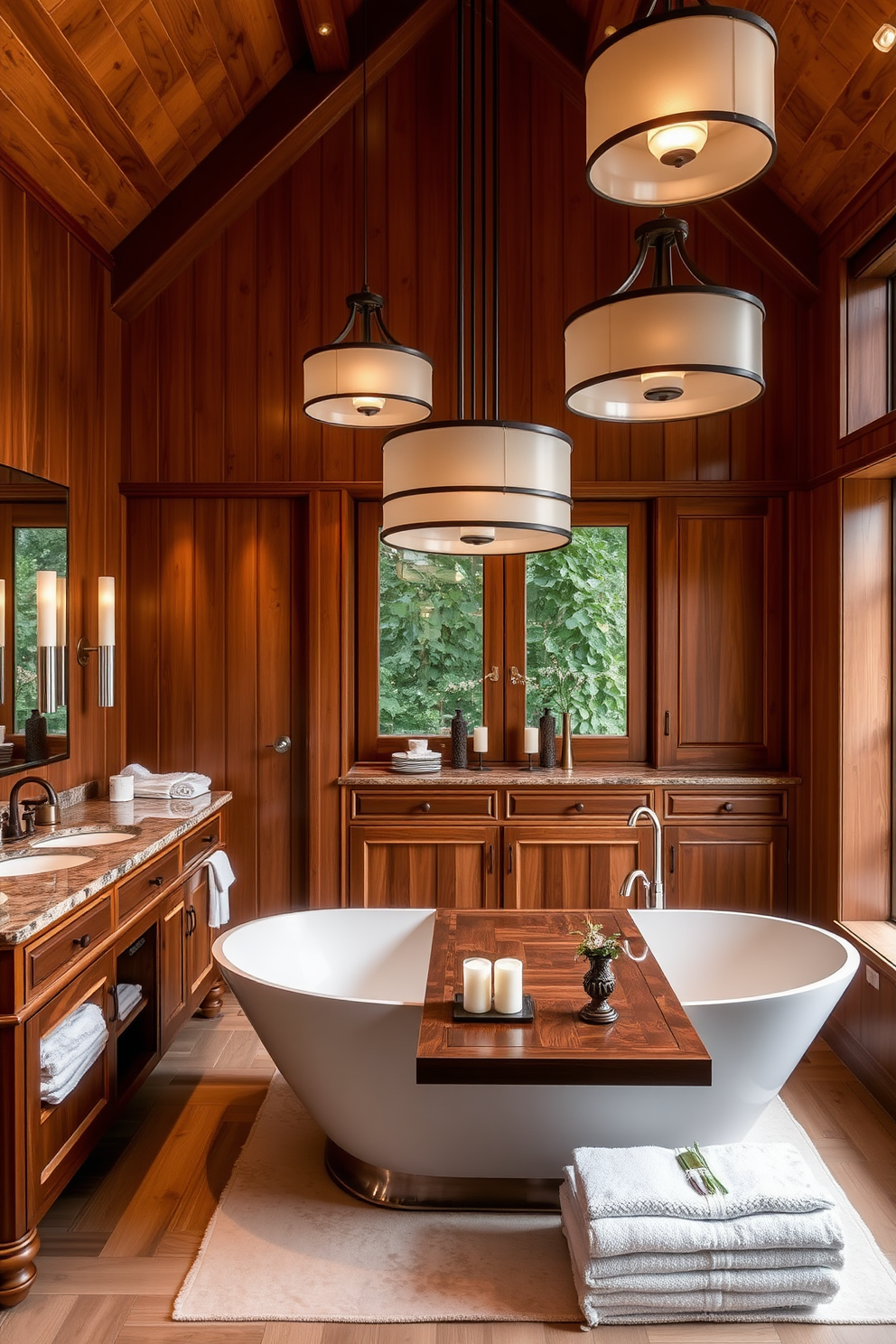 A luxurious guest bathroom featuring a rainfall shower enclosed in clear glass. The space is adorned with elegant fixtures and a sleek freestanding tub, complemented by soft ambient lighting and plush towels.