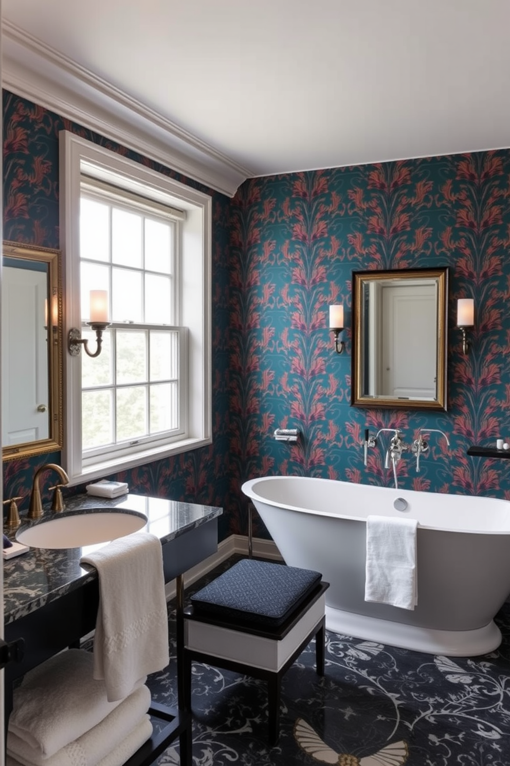 A luxury guest bathroom features bold wallpaper that creates a striking statement wall. The design includes elegant fixtures and plush towels that complement the vibrant colors of the wallpaper. A freestanding soaking tub is positioned near a large window, allowing natural light to enhance the space. Stylish sconces flank the mirrors, providing a warm and inviting ambiance.