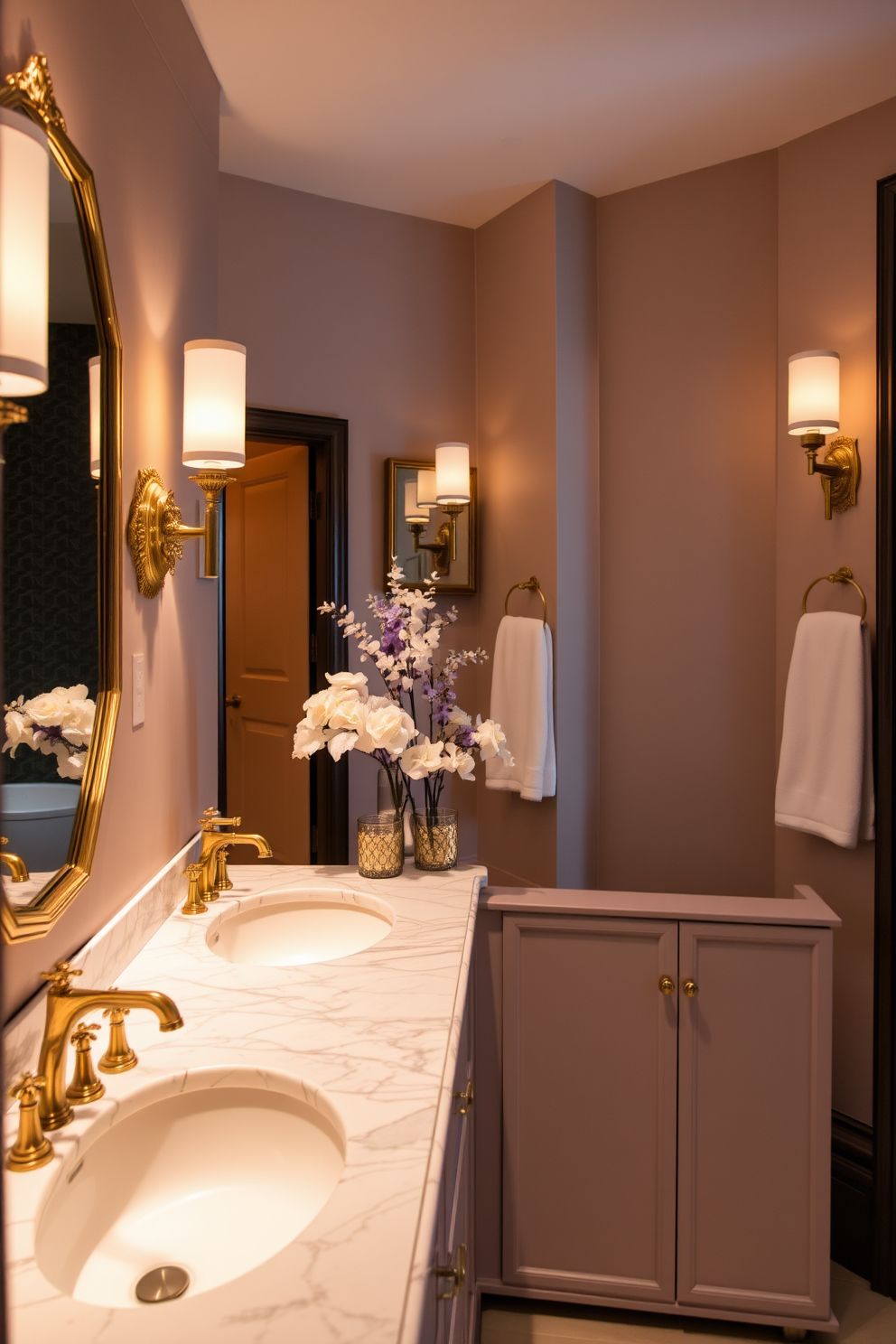 A luxurious double vanity with gold fixtures is the centerpiece of this elegant guest bathroom. The vanity features a stunning marble countertop and is complemented by two stylish sinks and ornate mirrors. Soft ambient lighting enhances the sophisticated atmosphere, while plush towels and decorative accents add a touch of comfort. The color palette includes rich tones that create a warm and inviting space for guests.