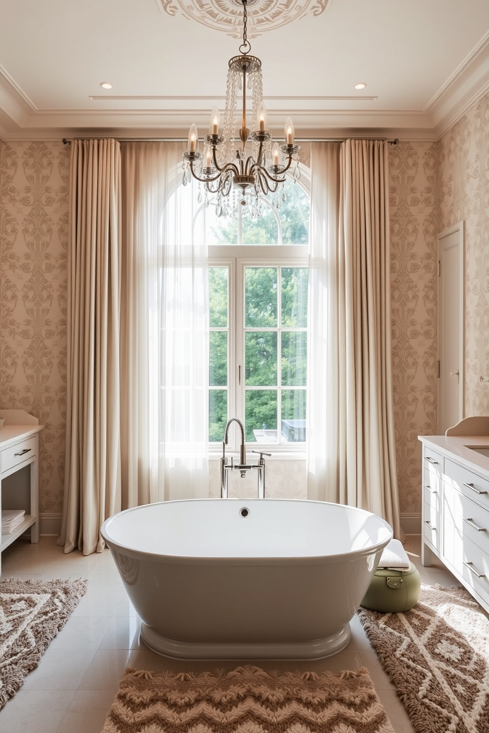 A luxury guest bathroom featuring a freestanding soaking tub positioned under a large window with sheer curtains allowing natural light to filter in. The walls are adorned with elegant wallpaper in soft pastel hues, complemented by a stylish chandelier hanging from the ceiling. Textured rugs placed strategically around the tub and vanity area provide warmth and comfort underfoot. The overall design includes a double vanity with sleek fixtures and ample storage, creating a serene and inviting atmosphere for guests.