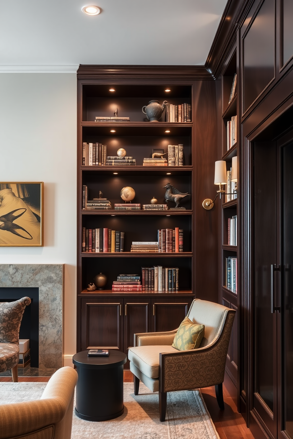 Elegant dark wood built-in shelves create a warm and inviting atmosphere in the luxury home library. The shelves are filled with a curated selection of books and decorative items, enhancing the sophisticated aesthetic of the space. A plush seating area is positioned nearby, featuring a comfortable armchair and a small side table. Soft lighting fixtures illuminate the shelves, highlighting the rich textures of the wood and the beauty of the collection.