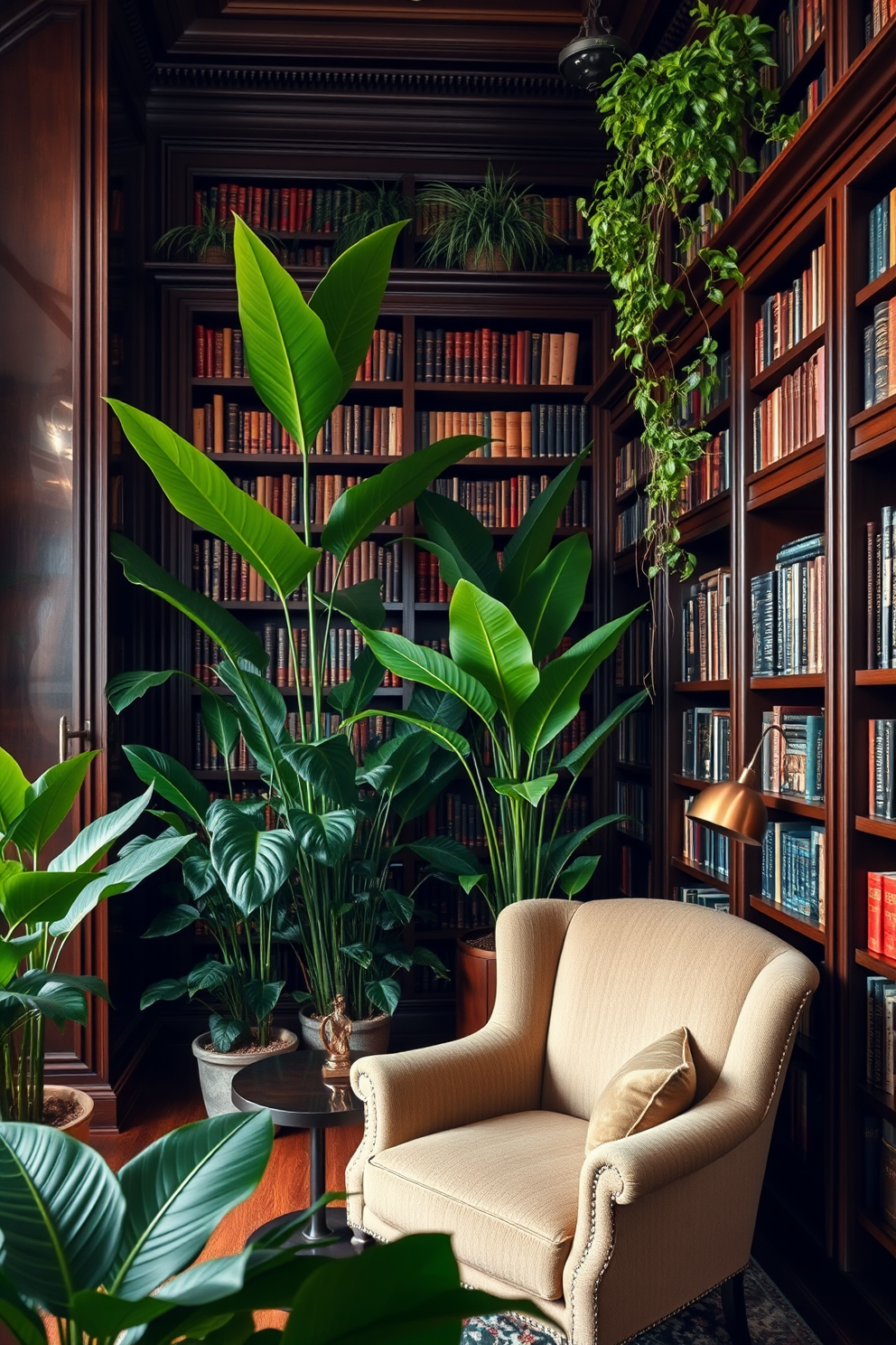 A luxurious home library filled with lush greenery. Tall potted plants are strategically placed around the room, creating a serene atmosphere. The walls are lined with dark wooden bookshelves, filled with an extensive collection of books. A plush reading chair sits in the corner, complemented by a small side table and a stylish lamp.