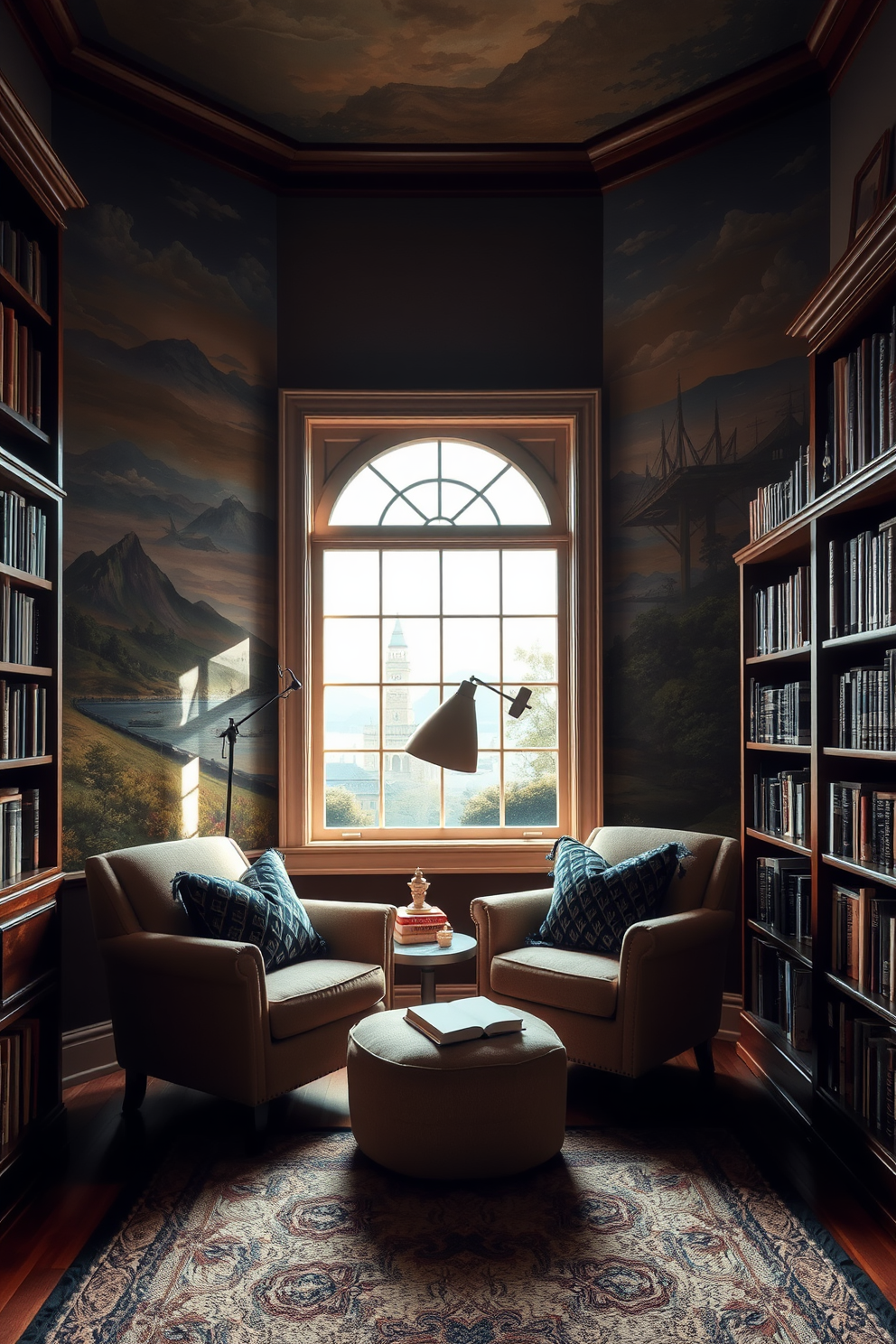 A cozy reading nook adorned with artistic murals that depict serene landscapes and literary themes. Plush armchairs are positioned near a large window, allowing natural light to flood the space and create an inviting atmosphere. Rich wooden bookshelves line the walls, filled with an extensive collection of books. A soft area rug anchors the seating area, while a stylish floor lamp provides warm illumination for late-night reading sessions.