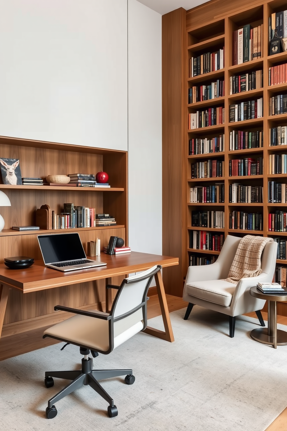 A functional workspace features a sleek wooden desk paired with an ergonomic chair. The desk is adorned with a stylish lamp, a laptop, and a few decorative items to enhance productivity. The luxury home library showcases floor-to-ceiling bookshelves filled with an extensive collection of books. A plush reading chair sits in the corner, accompanied by a small side table and a cozy throw blanket for added comfort.