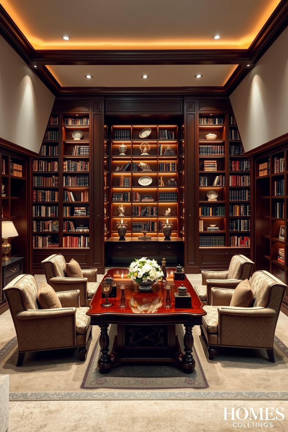 A luxurious home library featuring hidden doors that blend seamlessly into the surrounding walls. Rich wooden bookshelves line the space, filled with an extensive collection of books and adorned with elegant decorative pieces. The soft glow of ambient lighting creates a warm and inviting atmosphere. Plush seating areas with comfortable armchairs and a large wooden table provide the perfect setting for reading and relaxation.