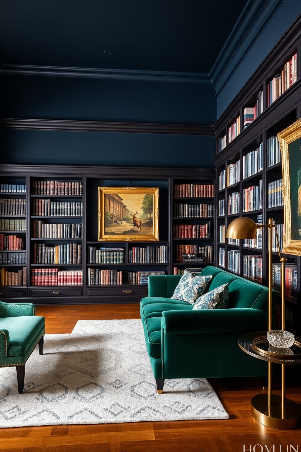 A luxurious home library featuring a sophisticated color scheme with deep hues. Rich navy blue walls are complemented by dark wood bookshelves filled with an extensive collection of books. A plush velvet sofa in a deep emerald green invites relaxation while a sleek brass floor lamp provides warm lighting. The room is accented with gold-framed artwork and a soft area rug that adds texture to the polished hardwood floor.