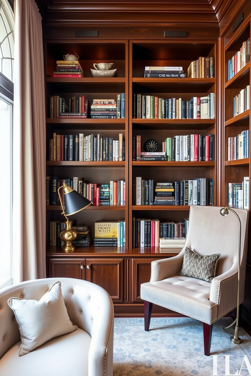 A luxurious home library featuring colorful accent walls adorned with a variety of artwork displays. The space includes plush seating options, elegant bookshelves filled with an eclectic collection of books, and warm ambient lighting to create a cozy atmosphere.