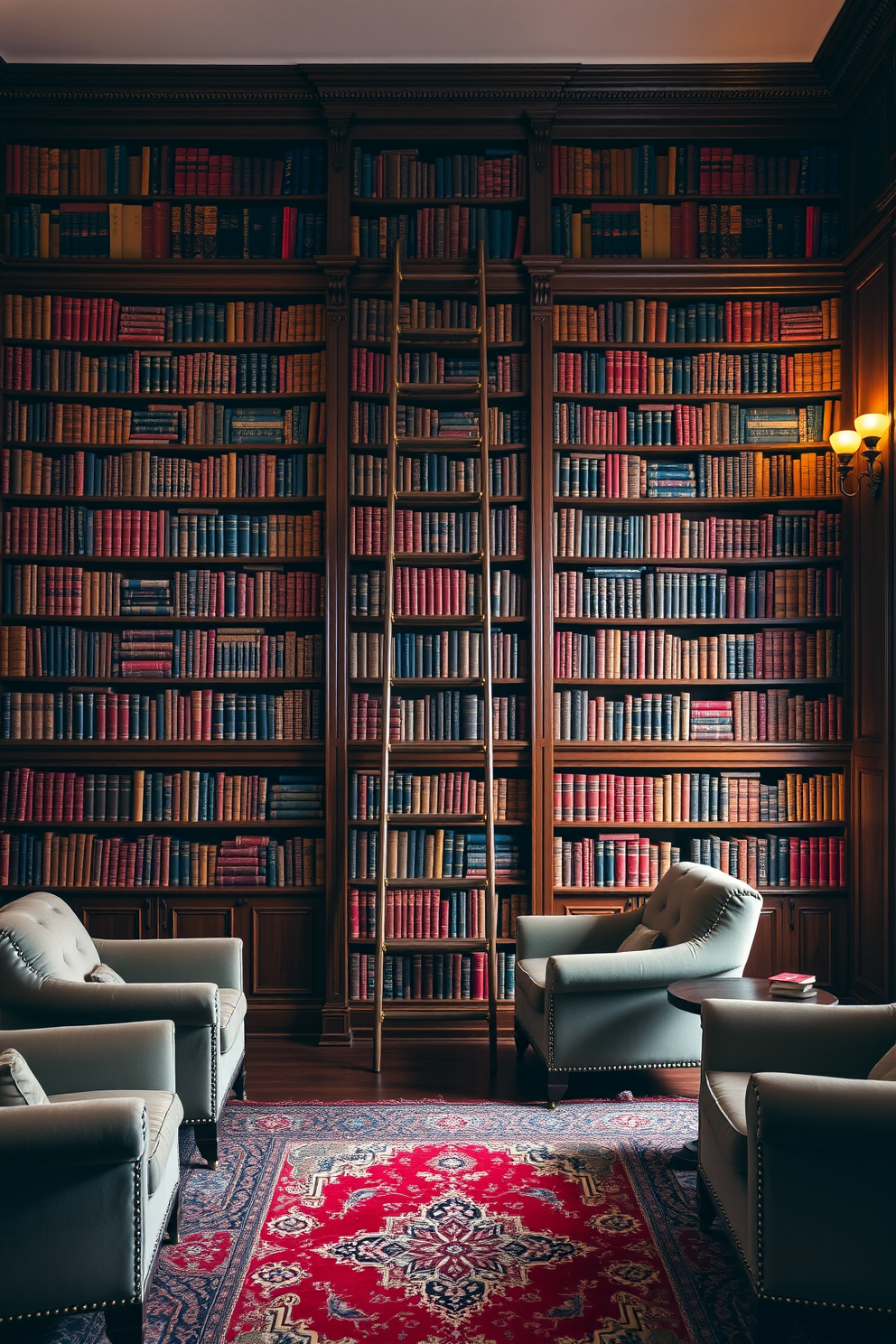 An elegant ladder leans against a wall of towering bookshelves filled with a diverse collection of books. The ladder is crafted from rich mahogany with brass accents, adding a touch of sophistication to the room. The library features plush seating areas with deep, comfortable armchairs and a large, ornate rug that ties the space together. Soft, ambient lighting from stylish sconces illuminates the rich wood tones and creates a cozy reading atmosphere.