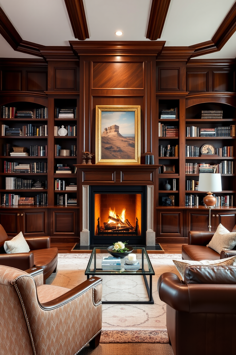 A cozy home library featuring a grand fireplace as the focal point. The fireplace is framed by built-in bookshelves filled with an array of books and decorative items. Rich wooden paneling adorns the walls, creating a warm and inviting atmosphere. Plush seating arrangements, including a large leather armchair and a comfortable sofa, are strategically placed around a central coffee table.