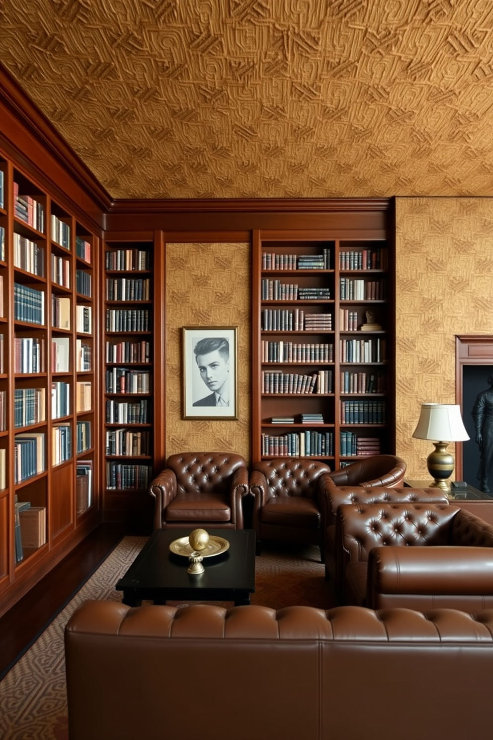 A luxurious home library featuring textured wall coverings that create depth and visual interest. The room is filled with rich wooden bookshelves lined with an extensive collection of books, paired with plush leather seating for comfort.