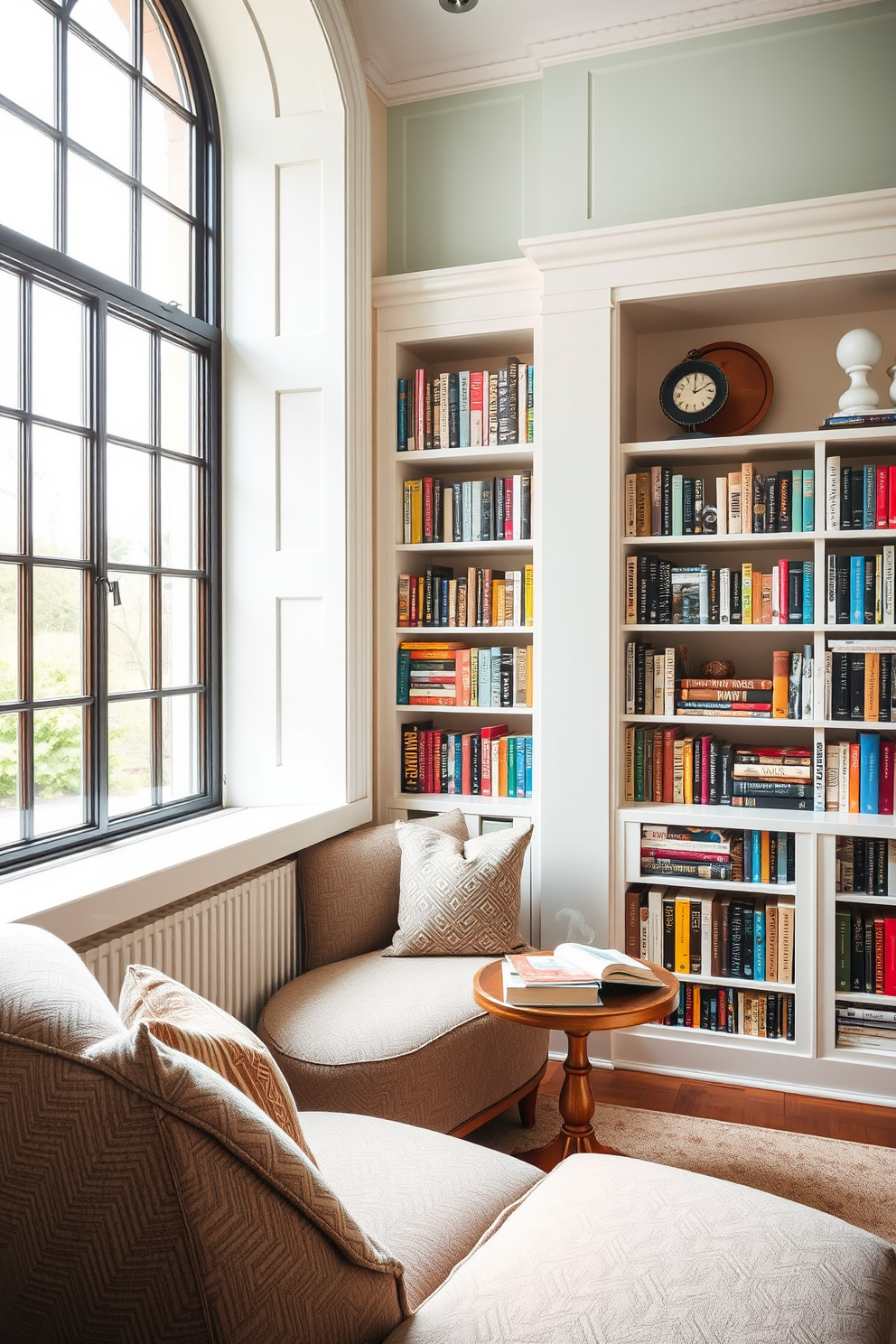 Cozy reading nook with an oversized armchair. The chair is upholstered in soft fabric and positioned near a large window that lets in natural light. A small side table is placed next to the armchair, adorned with a stack of books and a steaming cup of tea. The walls are lined with built-in bookshelves filled with an array of colorful books and decorative items.