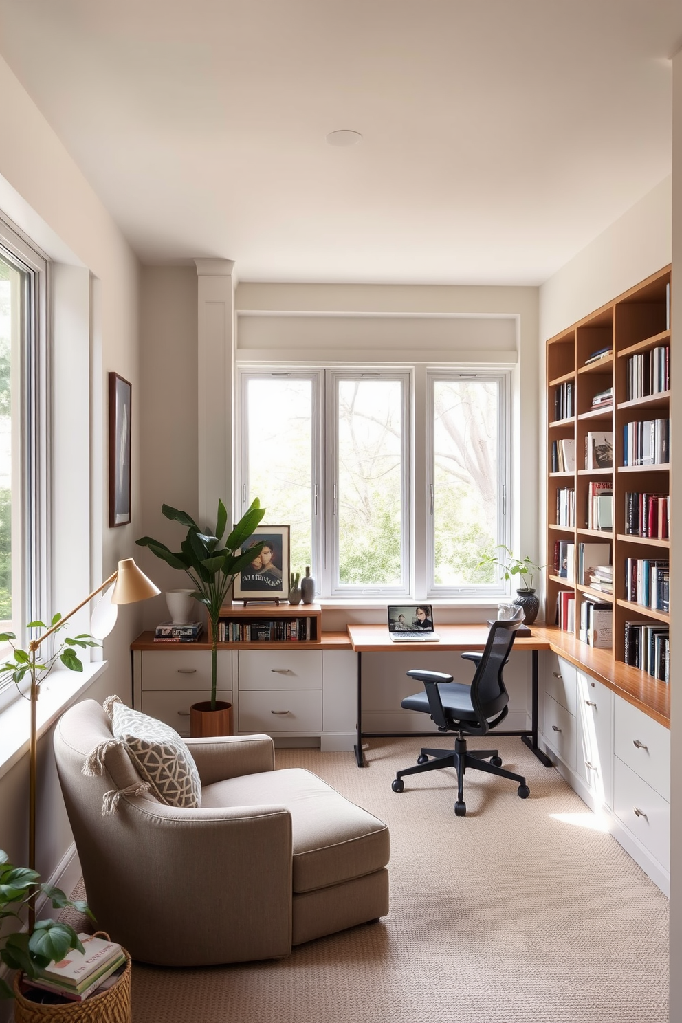 A multi-functional space designed for both reading and work features a cozy reading nook with a plush armchair and a floor lamp in one corner. Adjacent to this, a sleek wooden desk with an ergonomic chair provides an ideal workspace, complemented by built-in bookshelves filled with a curated collection of books. The walls are painted in a soft neutral tone, creating a calming atmosphere that enhances focus and relaxation. Large windows allow natural light to flood the room, while decorative elements like artwork and plants add a touch of personality and warmth.