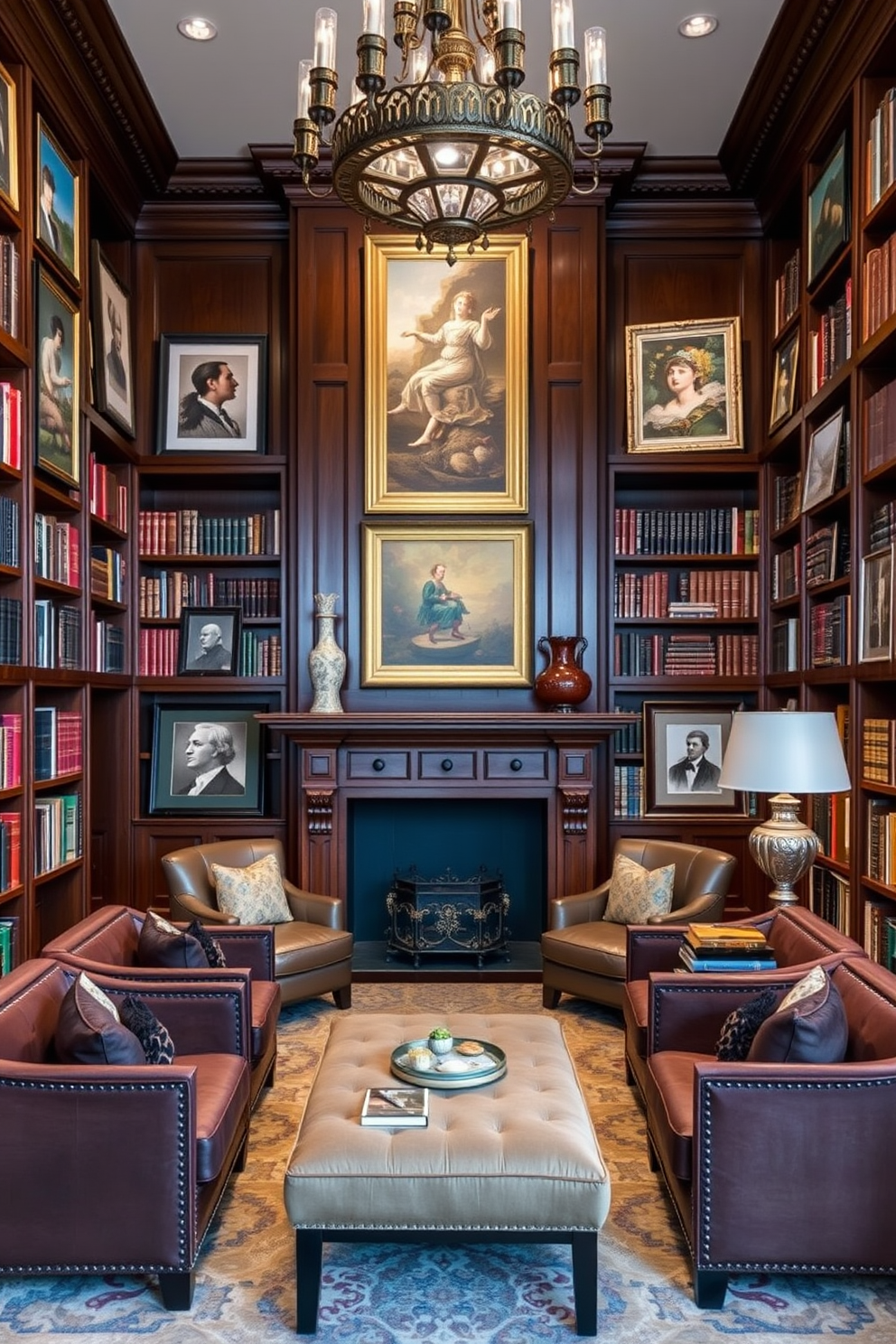 Curated art pieces displayed throughout a luxurious home library create an atmosphere of sophistication and inspiration. The library features rich wooden bookshelves filled with an extensive collection of books, complemented by plush seating areas inviting relaxation and reflection.