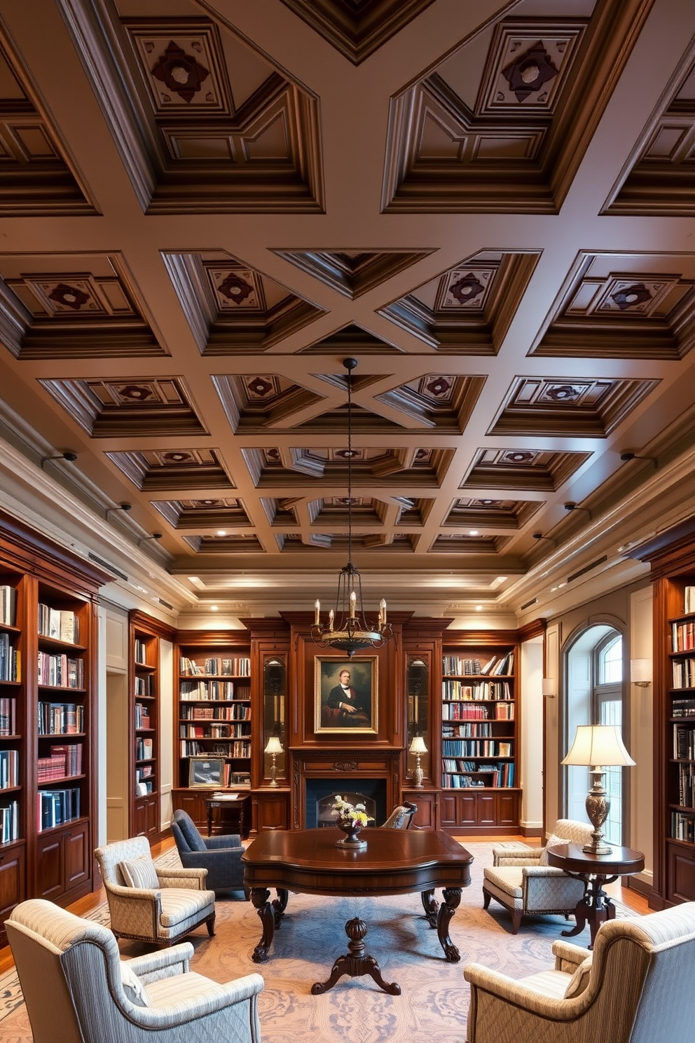 A vintage wooden ladder leans against a tall bookshelf filled with an array of classic novels and decorative items. The library features rich mahogany wood paneling and soft, ambient lighting that creates an inviting atmosphere for reading. Plush armchairs are strategically placed around a central coffee table, inviting relaxation and conversation. A large window allows natural light to flood the space, highlighting the intricate details of the room's vintage decor.