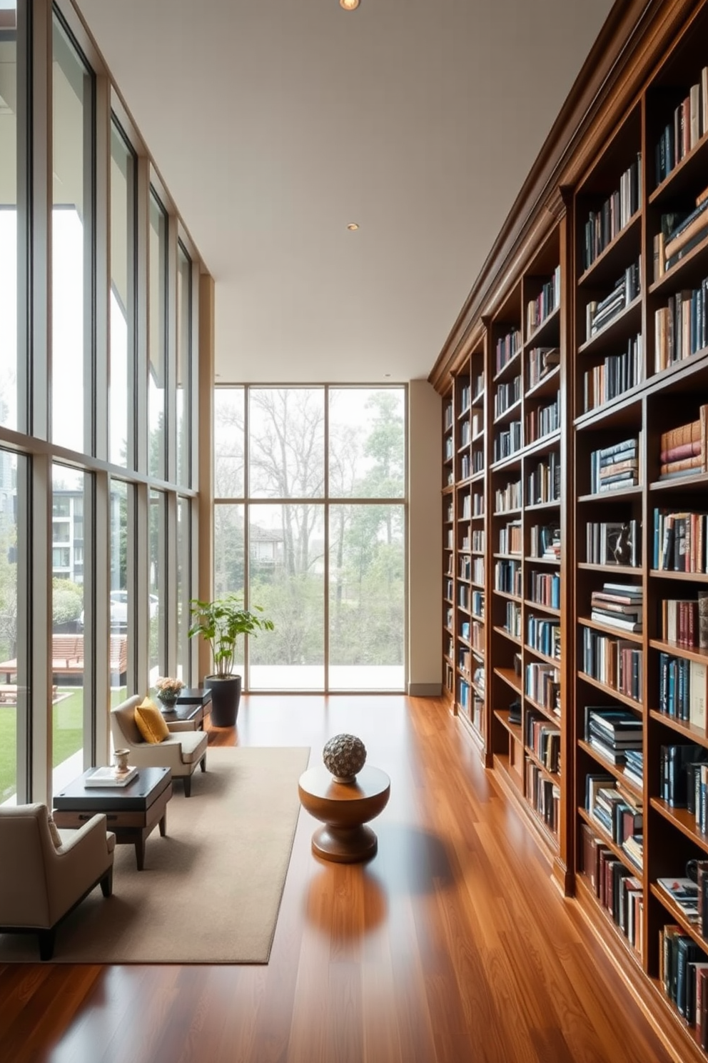 A cozy reading corner featuring custom-built shelving that seamlessly integrates with the room's architecture. The shelves are filled with an eclectic mix of books and decorative items, creating a warm and inviting atmosphere. A plush armchair in rich fabric sits adjacent to a small side table, perfect for holding a cup of tea. Soft lighting from a stylish floor lamp enhances the space, making it an ideal spot for quiet reading and relaxation.