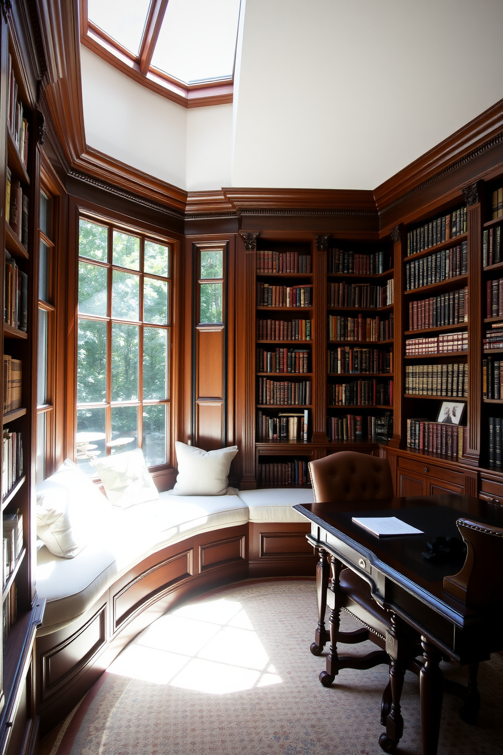 A cozy window seat adorned with plush cushions invites relaxation and reading. Natural light pours in through the large window, creating a warm and inviting atmosphere. The library features elegant wooden bookshelves that stretch from floor to ceiling, filled with an array of books. A rich, dark wood desk sits in the corner, complemented by a comfortable leather chair for a perfect study nook.