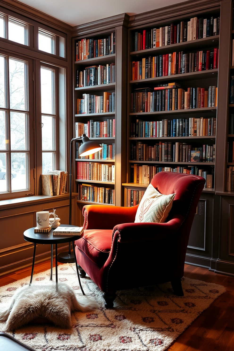 A cozy reading corner featuring a plush armchair in a rich velvet fabric. A small side table holds a steaming cup of tea and a stack of favorite books, while a floor lamp provides warm lighting. The walls are lined with built-in bookshelves filled with an array of books in various sizes. A soft area rug underfoot adds comfort, and large windows let in natural light, creating an inviting atmosphere.