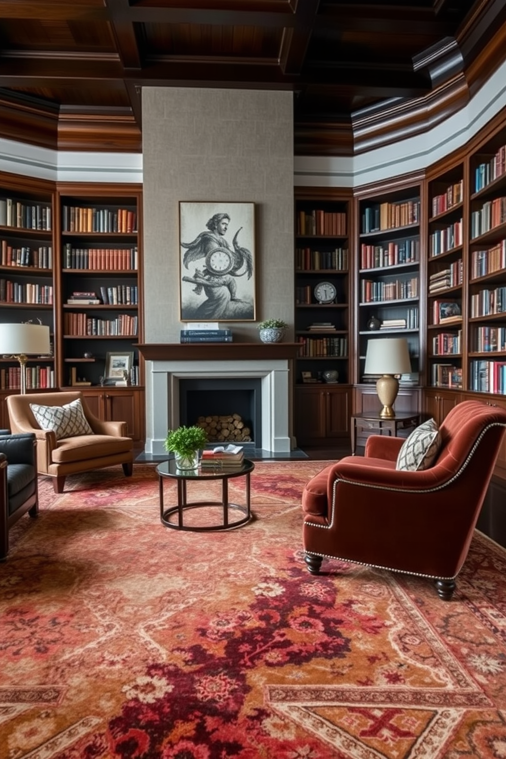 A stylish area rug anchors the room, featuring a rich color palette that complements the surrounding furniture. The rug's intricate patterns add texture and warmth, creating a cozy atmosphere in the space. Luxury home library design ideas incorporate floor-to-ceiling bookshelves made of dark wood, showcasing a collection of books and decorative items. Plush seating options, such as a leather armchair and a velvet chaise lounge, invite relaxation and reading.