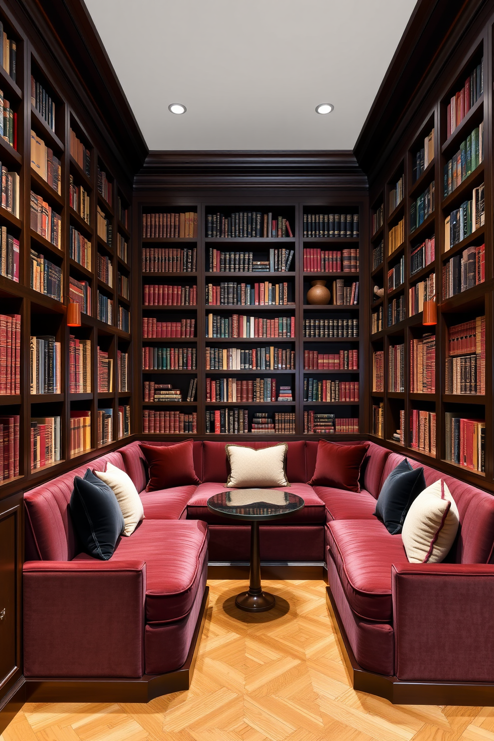 A luxurious home library featuring built-in seating that doubles as storage. The seating is upholstered in rich velvet, with plush cushions for comfort, and is integrated into custom bookshelves filled with an extensive collection of books.