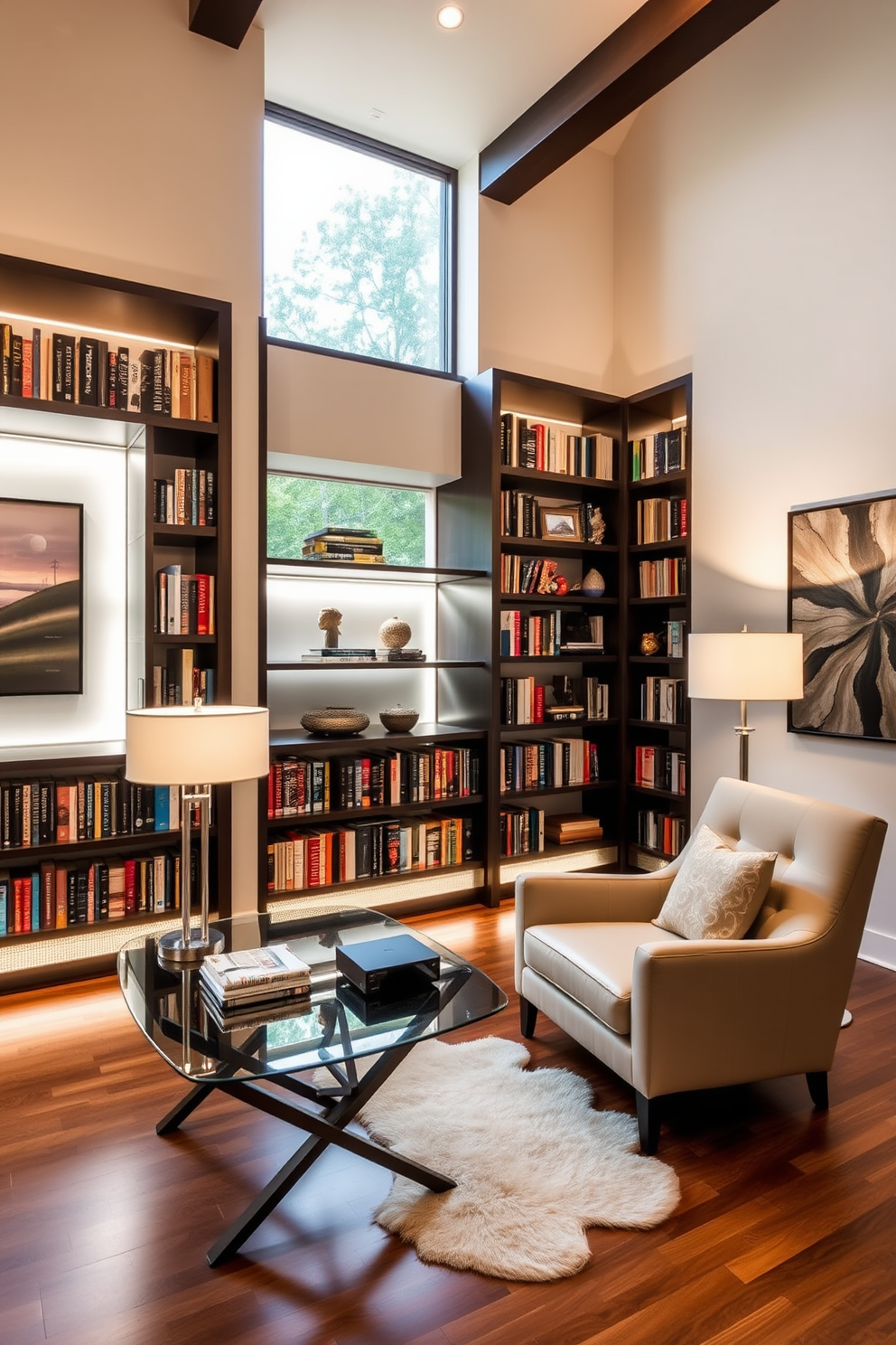 A serene home library featuring minimalist Scandinavian design elements. The walls are painted in soft white, complemented by light wood shelving filled with books and decorative items. A large, comfortable reading chair in a muted gray fabric sits in the corner, accompanied by a simple wooden side table. Natural light floods the space through a large window adorned with sheer curtains, enhancing the airy and inviting atmosphere.