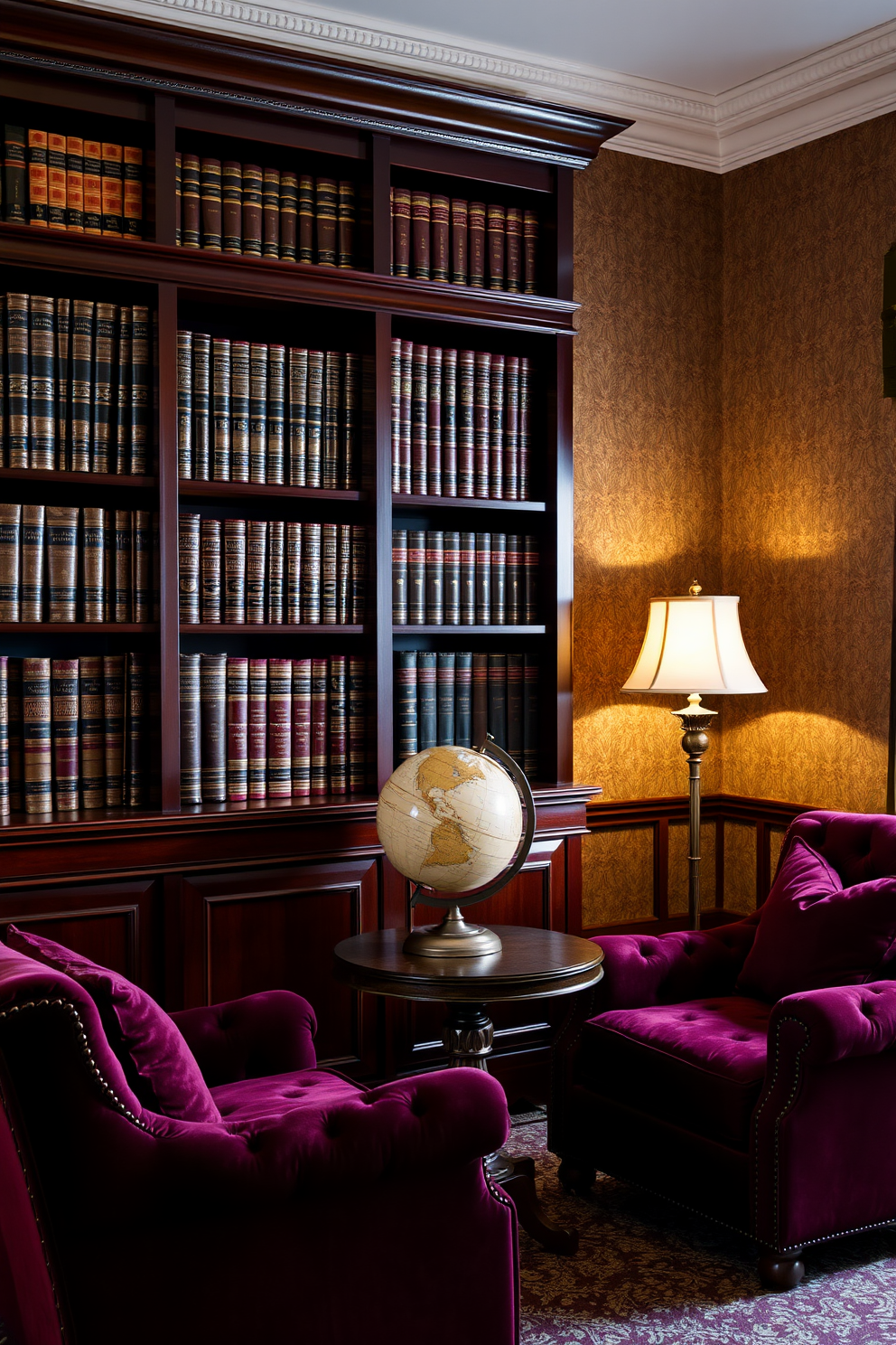 A classic globe sits elegantly on a polished mahogany bookshelf filled with leather-bound volumes. Plush armchairs in deep burgundy are arranged around a small, round table, creating an inviting reading nook. Richly textured wallpaper in a muted gold hue adds warmth to the space. Soft, ambient lighting from a vintage floor lamp casts a cozy glow, enhancing the luxurious atmosphere of the home library.