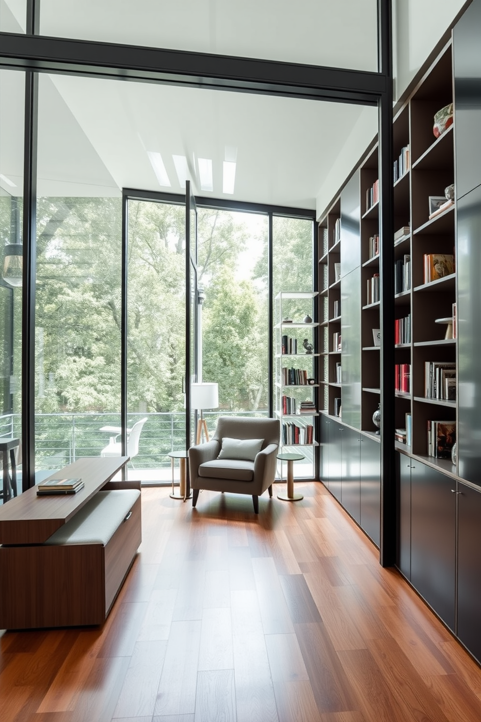 A modern minimalist library featuring expansive glass walls that allow natural light to flood the space. Inside, sleek shelving units with a combination of open and closed storage display a curated selection of books and decorative items. The flooring is a rich hardwood that complements the clean lines of the furniture. A cozy reading nook with a plush armchair and a small side table is strategically placed to create an inviting atmosphere.