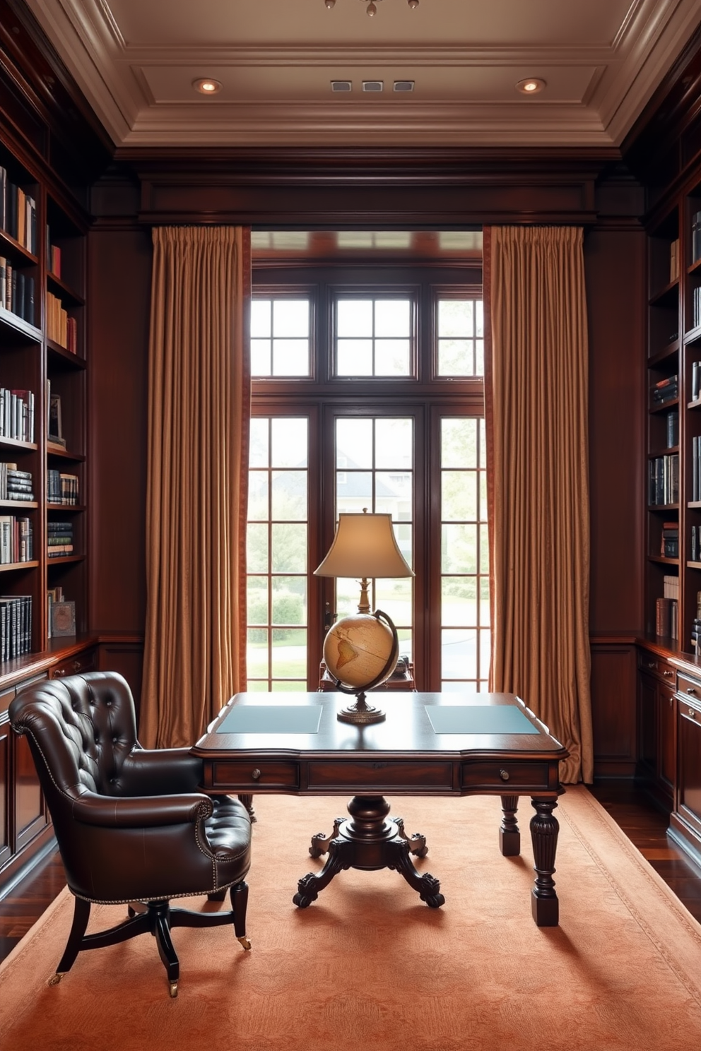 Timeless elegance with crown molding details in a luxury home library. Rich mahogany bookshelves line the walls, filled with a curated collection of classic literature and decorative objects. A plush leather armchair is positioned near a large window, adorned with heavy drapes that complement the warm color palette. A grand wooden desk sits in the center, featuring an antique lamp and a sophisticated globe for added charm.