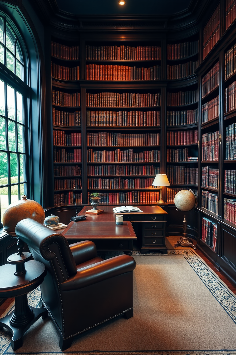 A classic wood-paneled library with floor-to-ceiling bookshelves filled with a diverse collection of books. A plush leather armchair sits in the corner, accompanied by a small round table and a vintage reading lamp casting a warm glow. The rich textures of the room are enhanced by a deep burgundy area rug that complements the dark wood tones. Large windows draped with heavy velvet curtains allow natural light to filter in, creating an inviting atmosphere for reading and relaxation.