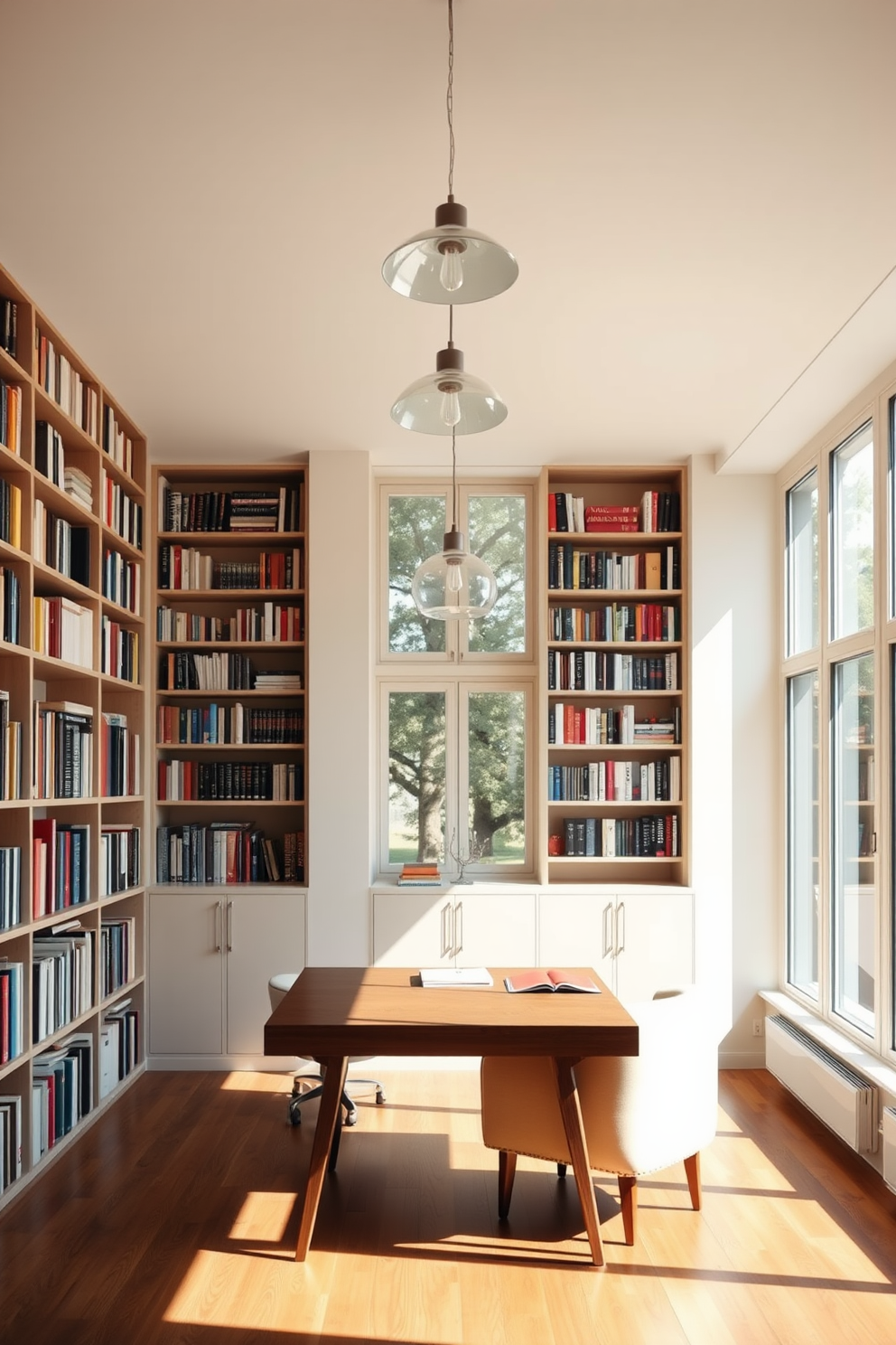 Bright sunlit room with large windows that allow natural light to flood the space. The walls are lined with custom-built wooden bookshelves filled with an extensive collection of books. A plush velvet armchair sits in the corner, accompanied by a small side table for a reading lamp. A large area rug in warm tones anchors the seating area, creating a cozy atmosphere.