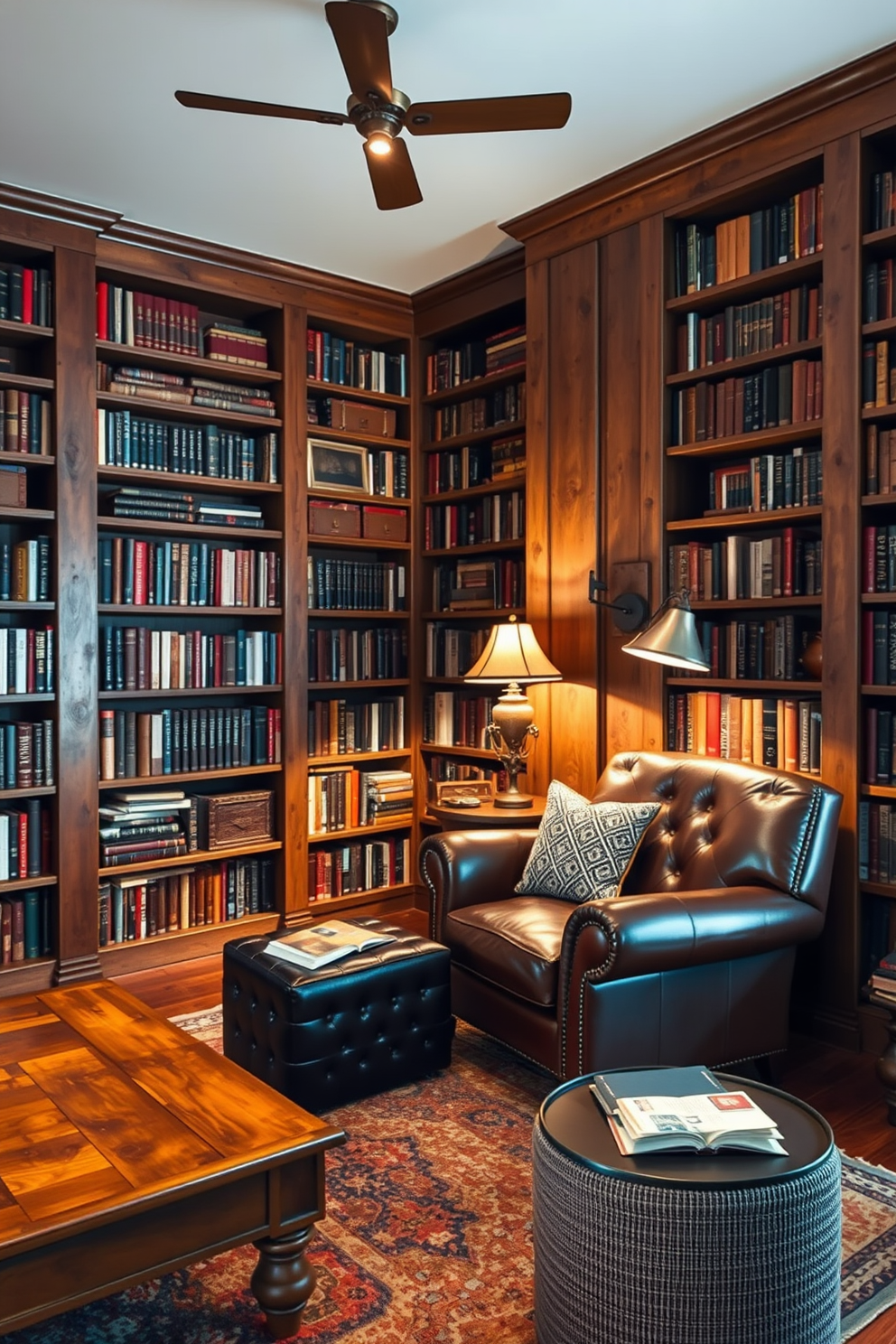 Rustic charm with reclaimed wood accents. The library features floor-to-ceiling bookshelves made from weathered wood, creating a warm and inviting atmosphere. A large leather armchair sits in the corner, complemented by a vintage reading lamp. The room is adorned with a cozy area rug and a wooden coffee table, perfect for enjoying a good book.