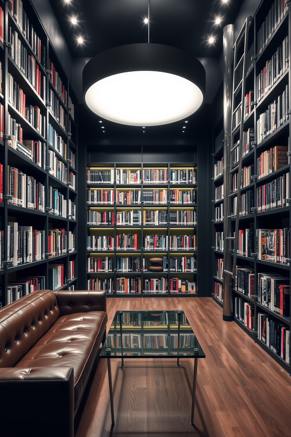 A hidden library behind a sliding door reveals a sophisticated space filled with floor-to-ceiling bookshelves crafted from rich mahogany. Soft, ambient lighting highlights a large, plush armchair positioned next to a sleek reading lamp, creating an inviting nook for relaxation. The sliding door features intricate woodwork that blends seamlessly with the surrounding wall, maintaining the room's elegant aesthetic. A vintage globe and a small side table with a decorative lamp add a touch of charm and functionality to this luxurious home library.